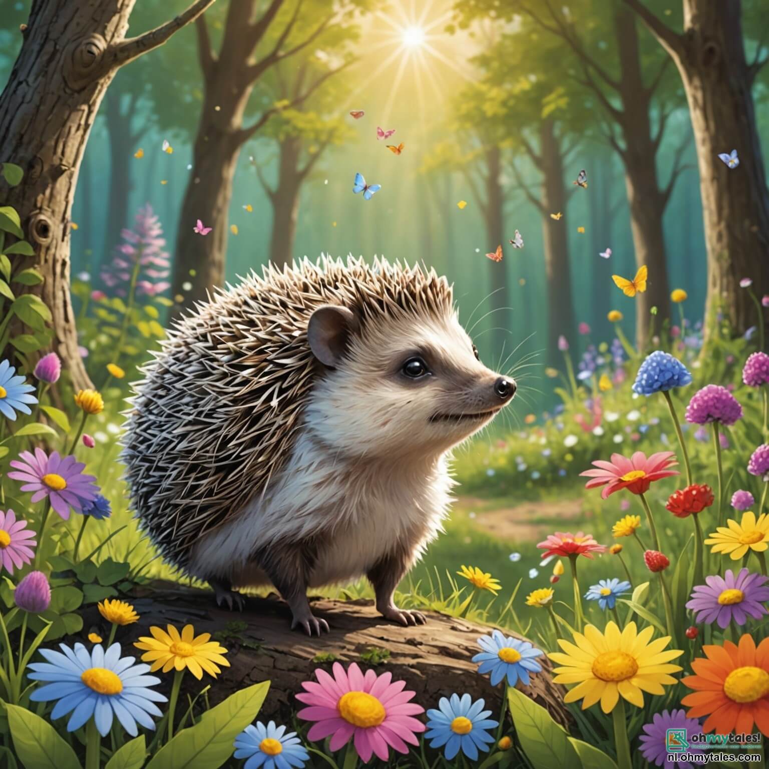 Une illustration destinée aux enfants représentant un petit hérisson aux piquants brillants comme des étoiles, se tenant timidement au bord d'une clairière ensoleillée, entourée de fleurs colorées dansantes au gré du vent, où il rêve de se faire des amis parmi les autres animaux du bois, tels qu'un joyeux lapin aux grandes oreilles et une espiègle écureuil à la queue touffue, tandis que de majestueux arbres aux troncs noueux et aux feuilles verdoyantes forment un toit protecteur au-dessus de cette scène enchantée, où les rayons du soleil filtrent à travers le feuillage, créant des jeux d'ombre et de lumière sur le sol tapissé de doux tapis d'herbe et de pétales.
