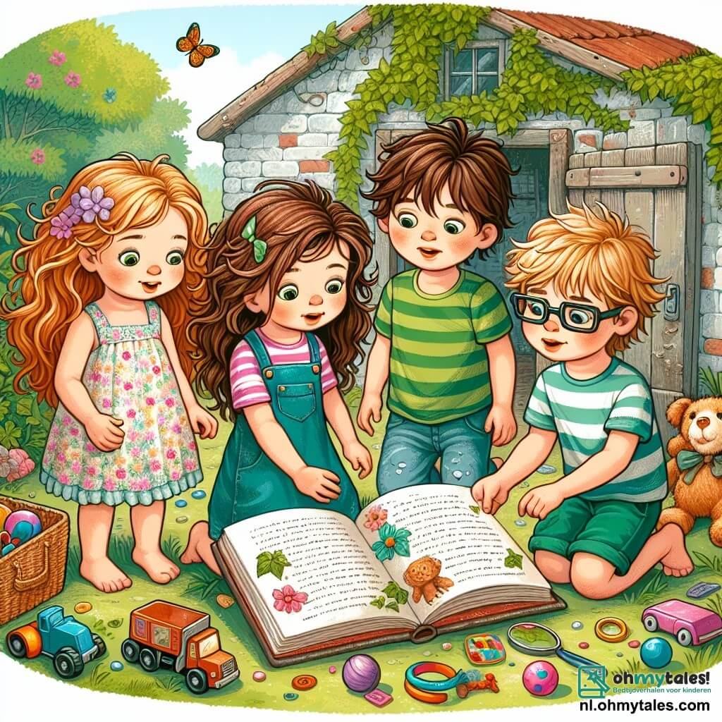 Une illustration sous forme de dessin destinée aux enfants représentant un groupe de quatre enfants de 9 ans, deux filles aux cheveux châtains et bouclés, l'une portant une robe à fleurs et l'autre un t-shirt rayé, et deux garçons, l'un avec des lunettes et un t-shirt vert, l'autre avec des cheveux blonds en bataille et un short bleu, tous en train d'explorer une vieille schuur couverte de lierre dans un parc ensoleillé, avec des jouets colorés éparpillés autour d'eux, alors qu'ils découvrent un vieux journal mystérieux, illustrant leur quête pour résoudre le mystère du jouet disparu.