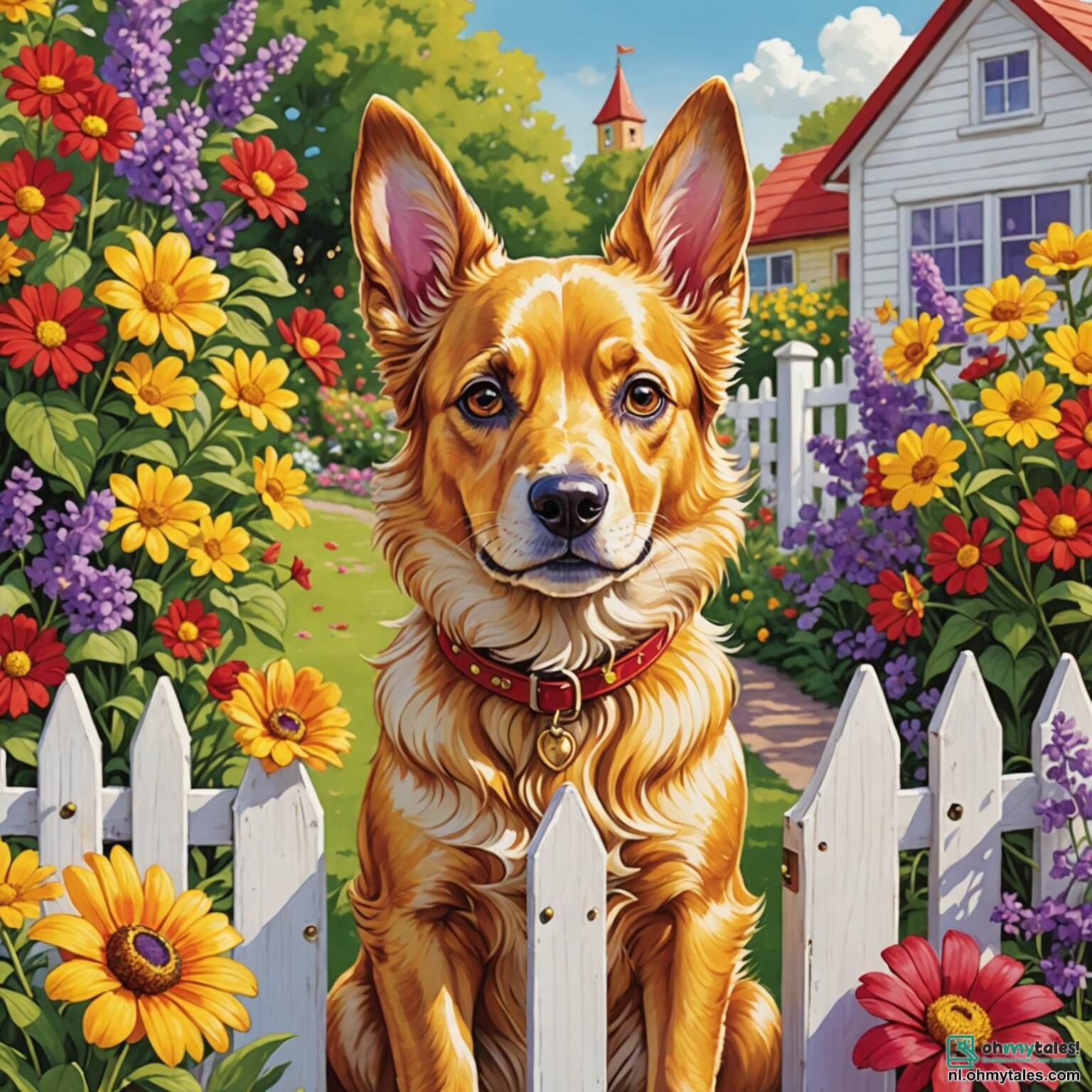Une illustration destinée aux enfants représentant un chien au pelage doré et brillant, avec de grandes oreilles tombantes et des yeux pétillants de malice, qui se trouve dans un jardin ensoleillé rempli de fleurs colorées dans des teintes éclatantes de rouge, de jaune et de violet, où il s'apprête à organiser une fête joyeuse pour tous ses amis animaux, y compris une chatte rusée perchée sur une clôture en bois peinte en blanc et un petit lapin aux grandes oreilles qui bondit joyeusement autour de lui, le tout sous un ciel bleu azur parsemé de nuages cotonneux, créant une ambiance de bonheur et d'amitié.