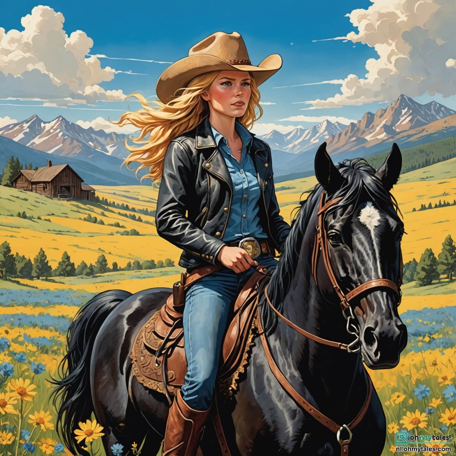 Une illustration destinée aux enfants représentant une jeune cowgirl intrépide aux cheveux dorés flottant au vent, vêtue d'un chapeau de cowboy usé et d'une veste en cuir, se tenant fièrement sur son cheval noir, au cœur d'une prairie vaste et ensoleillée, parsemée de fleurs sauvages aux couleurs éclatantes, avec en arrière-plan des montagnes majestueuses se dressant sous un ciel bleu azur, tandis qu'elle se prépare à affronter une bande de voleurs redoutables, accompagnée de son ami cowboy au regard déterminé et de sa fidèle amie, une fille astucieuse aux cheveux bruns, qui l'encouragent dans cette quête héroïque pour protéger leur ranch et leurs amis des dangers qui rôdent dans cette terre sauvage et pleine d'aventures.