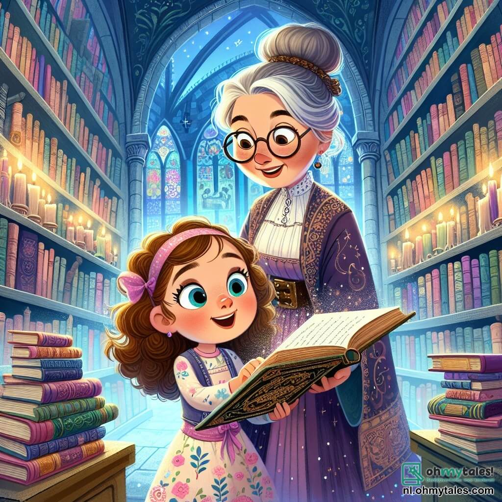 Une illustration sous forme de dessin destinée aux enfants représentant une grande bibliothèque magique avec des étagères remplies de livres colorés, au centre une petite fille de 5 ans aux cheveux bouclés et bruns, portant une robe à fleurs, qui feuillette un vieux livre avec des yeux émerveillés, tandis qu'à ses côtés se tient une bibliothécaire amicale, une femme d'âge moyen avec des lunettes et un chignon, souriant et observant la petite fille, alors qu'elles découvrent ensemble un mystère captivant sur une clé ancienne qui pourrait mener à une aventure incroyable.