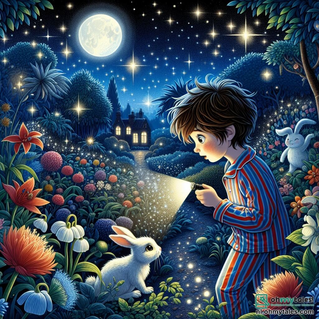 Illustratie van een sterrennacht in een magische tuin. De lucht is diepblauw, bezaaid met fonkelende sterren en een heldere maan die het landschap zachtjes verlicht. In het midden staat een 9-jarig jongen met tousled kastanjebruin haar en sprankelende ogen van nieuwsgierigheid, die een kleine zaklamp vasthoudt die een lichtstraal op de slapende bloemen werpt. Hij draagt een gestreepte pyjama in blauw en rood, en zijn gezicht toont zowel verwondering als moed. In de buurt nadert een klein konijn met grote oren en een witte vacht timide, zijn ogen glinsterend van interesse. De tuin is gevuld met planten in levendige kleuren, met dansende schaduwen die door het maanlicht worden gecreëerd. De jongen, midden in zijn verkenning, lijkt klaar om de geheimen van de nacht te ontdekken, terwijl het konijn, nieuwsgierig, hem observeert. De sfeer is zowel magisch als geruststellend, wat de transformatie van angst in avontuur illustreert. Vliegende sterren doorkruisen de lucht en voegen een dromerige toets toe aan deze nachtelijke scène.