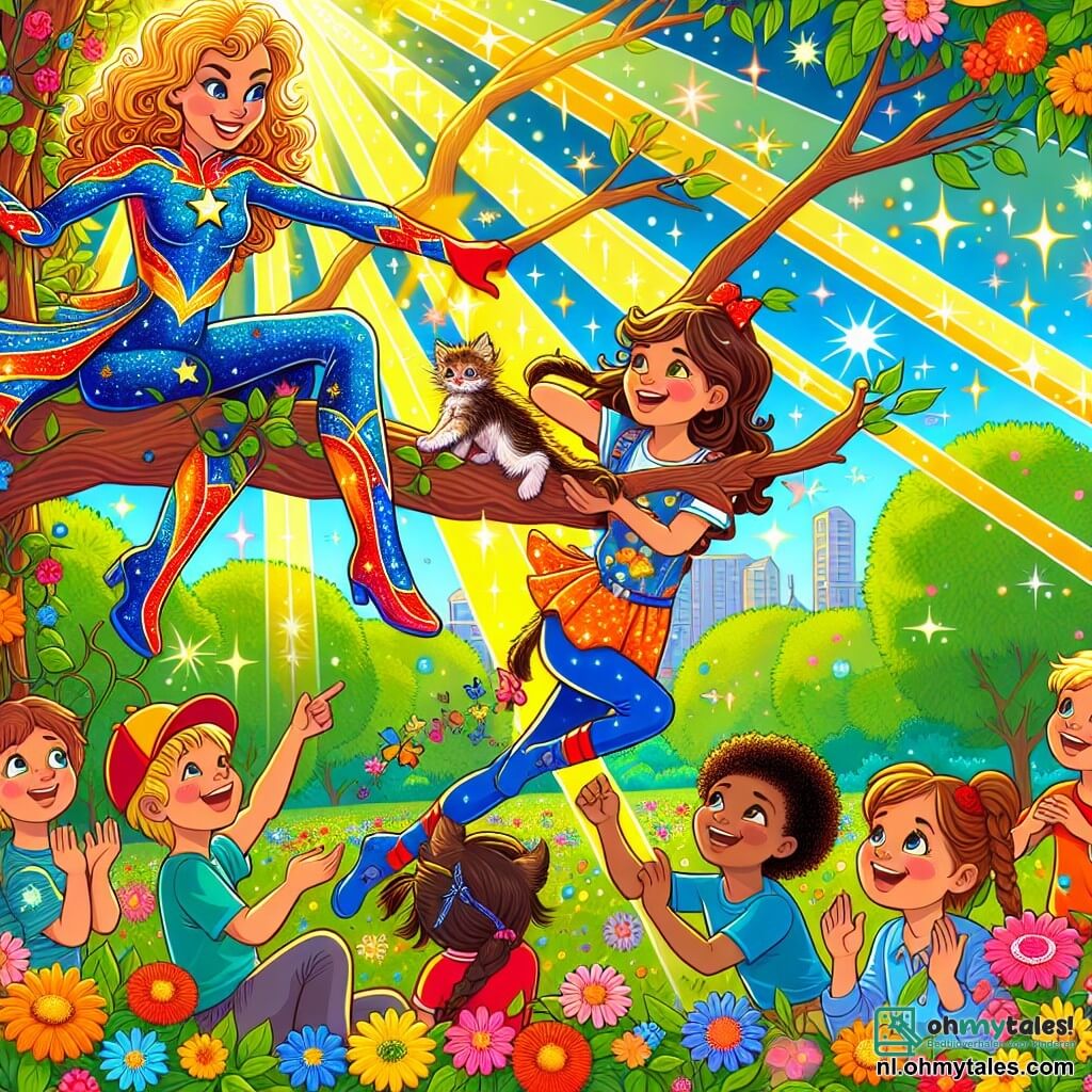 Illustratie van een kleurrijke scène in een zonnig park, vol met stralende bloemen en groene bomen. In het midden zit een superheldin met krullend haar en een flamboyante cape, gekleed in een kleurrijk kostuum met glinsterende patronen, op een tak van een boom en probeert ze een bange kitten te redden die vastzit in de bladeren. Om haar heen kijkt een groep kinderen van ongeveer 6 tot 8 jaar met blije en nieuwsgierige gezichten vol verwondering. Onder hen is een jongen met blond haar en een rode pet die naar de kitten wijst, en een meisje met gevlochten bruin haar dat enthousiast applaudisseert. De superheldin, met een vastberaden glimlach, zingt een aanstekelijke melodie om de kitten naar zich toe te lokken. Lichtflitsen en fonkelende sterren omringen de scène, wat een magische sfeer toevoegt aan de vrolijke en speelse atmosfeer.