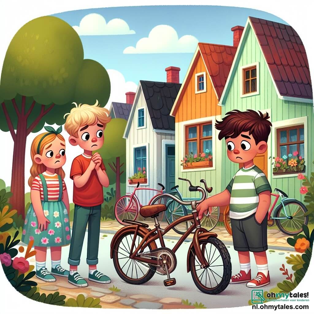 Une illustration sous forme de dessin destinée aux enfants représentant un petit village ensoleillé avec des maisons colorées et des arbres verdoyants, où un garçon de 9 ans aux cheveux bruns ébouriffés et portant un t-shirt rayé et un short, se tient à côté de sa vieille bicyclette rouillée, l'air triste et nerveux, tandis que deux de ses amis, un garçon aux cheveux blonds en t-shirt rouge et une fille aux cheveux noirs en robe à fleurs, l'écoutent avec attention alors qu'il avoue avoir menti sur sa nouvelle bicyclette, illustrant ainsi le thème de l'honnêteté et de l'amitié.