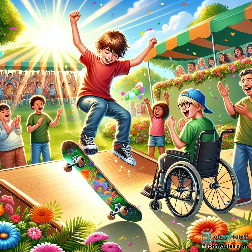 Illustratie van een zonnig park vol weelderig groen en kleurrijke bloemen. In het midden schittert een grote skateboardhelling in de zon, omringd door het gelach van kinderen en ouders die aanmoedigen. Een 11-jarig jongen met rommelig bruin haar en een rode t-shirt neemt een sprongetje op zijn skateboard, met een geconcentreerde en opgewonden uitdrukking. Naast hem moedigt een andere 11-jarige jongen met blond haar en een blauwe pet hem aan met opgestoken armen en een grote glimlach. Een derde jongen van 11 jaar, met een bril en een groene t-shirt, kijkt aandachtig toe, klaar om te applaudisseren. Ten slotte houdt een 11-jarige jongen in een rolstoel, met kastanjebruin haar en een stralende glimlach, een ondersteuningsbord omhoog, wat zijn trots uitdrukt. De scène vangt een moment van uitdaging en kameraadschap, waarbij de jongen op het skateboard een gedurfde truc probeert, wat zelfvertrouwen en de steun van vrienden symboliseert. Kleurrijke ballonnen zweven in de lucht, wat een feestelijke toets toevoegt aan de vrolijke sfeer van het park.