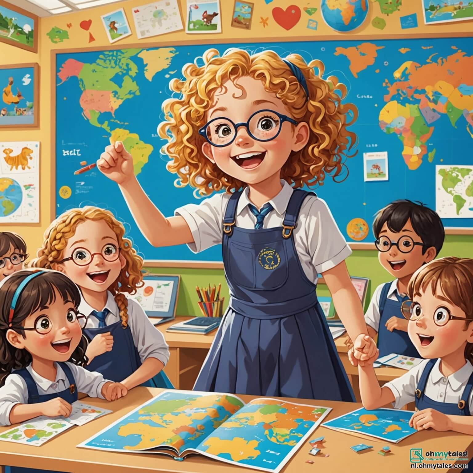 Une illustration destinée aux enfants représentant une petite fille aux cheveux bouclés et dorés, pétillante d'enthousiasme, se tenant dans une salle de classe colorée aux murs ornés de dessins d'animaux et de cartes du monde, entourée de ses camarades de classe, dont un garçon aux lunettes rondes qui rit aux éclats et une fille aux tresses qui l'encourage à partager ses délicieuses créations de biscuits, alors qu'ils se préparent à célébrer la dernière journée d'école avant les vacances d'été, remplie de jeux, de rires et de souvenirs inoubliables.