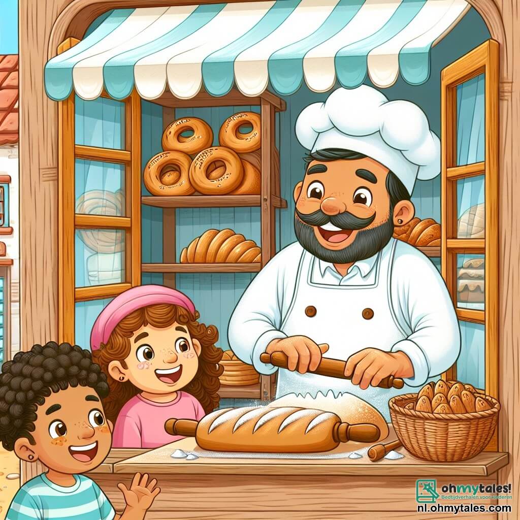 Une illustration sous forme de dessin destinée aux enfants représentant une charmante boulangerie avec une façade en bois et une vitrine remplie de délicieuses pâtisseries, où un homme jovial avec un grand sourire, portant un tablier blanc et un chapeau de boulanger, est en train de pétrir une pâte à pain, tandis que deux enfants, une fille aux cheveux bouclés et un garçon avec une casquette, l'observent avec émerveillement, leurs yeux brillants de joie et d'excitation, entourés d'un parfum alléchant de pain frais et de biscuits sucrés.