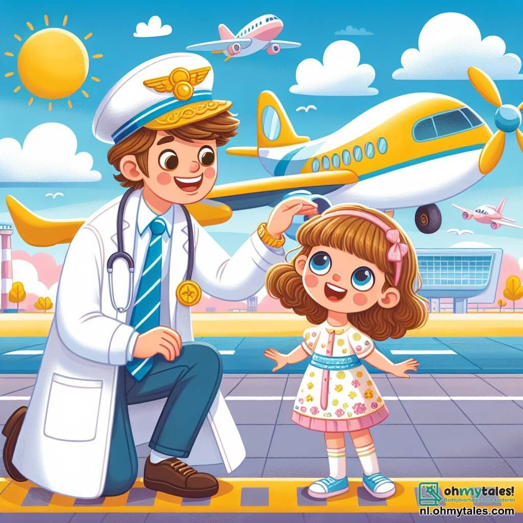 Une illustration sous forme de dessin destinée aux enfants représentant un aéroport ensoleillé avec un grand avion jaune brillant sur la piste, où un homme souriant, portant une blouse blanche, une cravate bleue et une casquette avec un emblème doré, se penche vers une petite fille aux yeux écarquillés, avec des cheveux bruns et une robe colorée, alors qu'elle fait semblant de piloter un avion en tenant une manette imaginaire, entourée de nuages moelleux et d'autres avions en arrière-plan, illustrant la magie du rêve de voler.