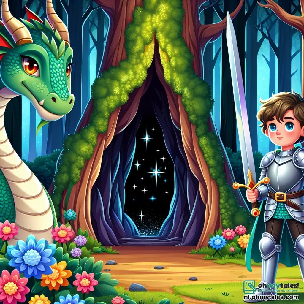 Une illustration sous forme de dessin destinée aux enfants représentant une forêt enchantée avec de grands arbres aux feuilles brillantes et des fleurs colorées, où un chevalier courageux, un jeune homme avec une armure étincelante et un regard déterminé, se tient devant une grande grotte sombre, brandissant son épée avec assurance, tandis qu'une majestueuse dragonne aux écailles vert émeraude et aux yeux flamboyants, qui semble curieuse mais méfiante, l'observe de l'intérieur de la grotte, illustrant le moment où le chevalier s'apprête à négocier avec la dragonne pour récupérer la Glanzende Ster, une étoile magique scintillante, qui se trouve cachée dans la grotte.