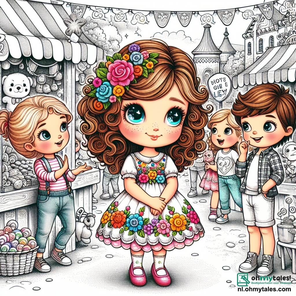 Une illustration sous forme de dessin destinée aux enfants représentant un village coloré et animé avec des décorations de festival, où une fille de 9 ans aux cheveux bouclés et aux yeux pétillants, portant une robe à fleurs, se tient au centre, l'air un peu gêné tout en avouant à ses deux amis, un garçon aux cheveux bruns et une fille aux cheveux blonds, qu'elle a menti sur avoir gagné une grande peluche, tandis qu'en arrière-plan, des enfants jouent et rient autour de stands de jeux et de friandises, illustrant l'importance de l'honnêteté et de l'amitié.