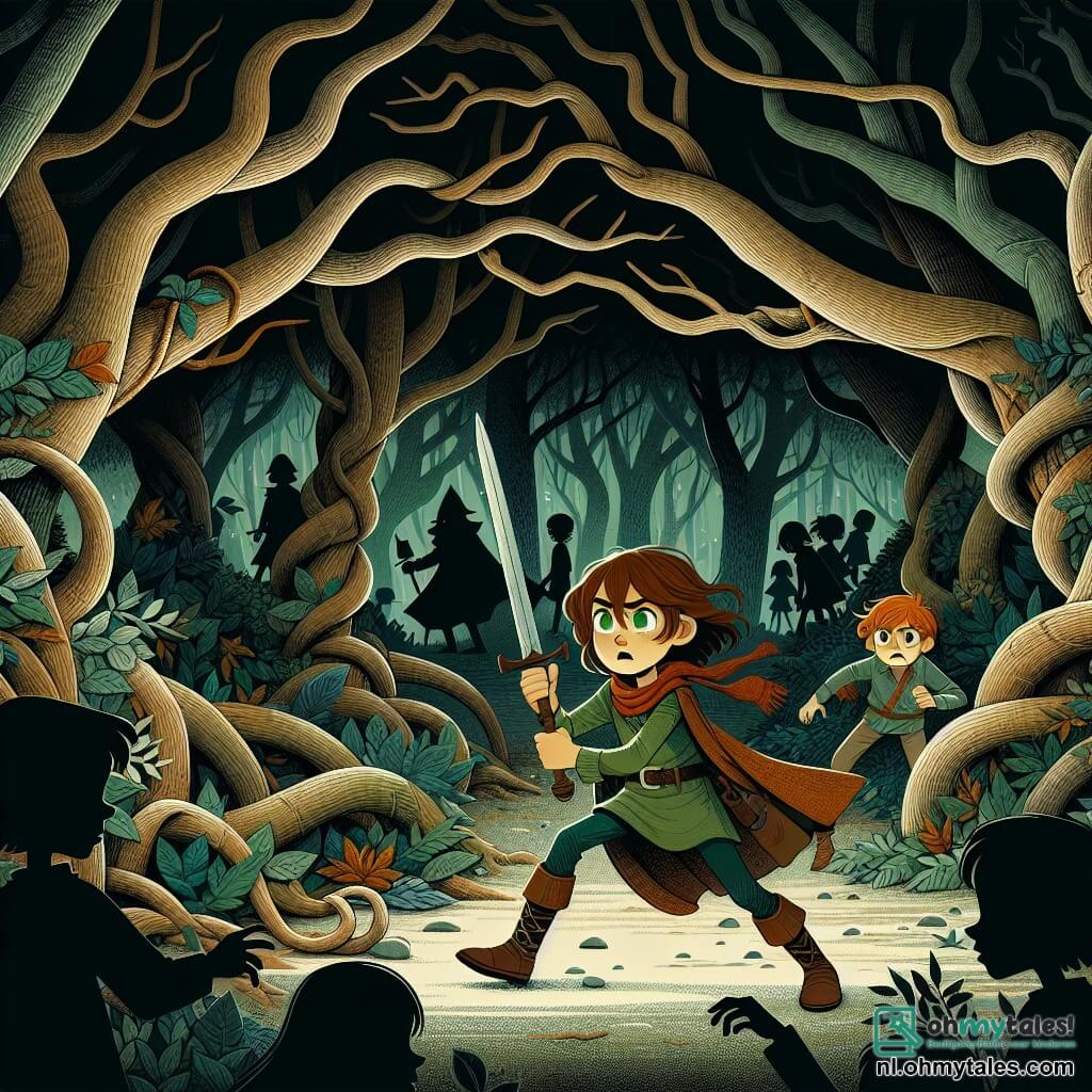 Une illustration sous forme de dessin destinée aux enfants représentant une forêt sombre et mystérieuse, avec des arbres aux troncs tordus et des feuilles d'un vert profond, où se tient une fille de 11 ans aux cheveux châtains et aux yeux verts, brandissant une branche comme une épée, faisant face à une ombre menaçante qui semble surgir des buissons, tandis qu'en arrière-plan, des silhouettes d'autres enfants, curieux mais inquiets, observent la scène, illustrant le moment où la jeune héroïne doit surmonter sa peur pour découvrir les secrets des Vergeten Bossen.