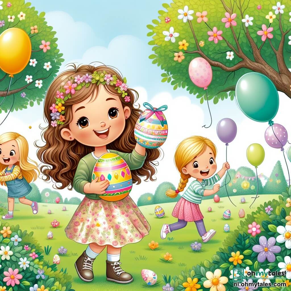 Une illustration sous forme de dessin destinée aux enfants représentant un parc en pleine floraison, avec des arbres aux fleurs colorées et des ballons flottants, où une fille de 10 ans aux cheveux bouclés et châtain clair, vêtue d'une robe printanière, sourit joyeusement en tenant un magnifique œuf de Pâques décoré, tandis que deux de ses amies, une fille aux cheveux blonds en tresse et une autre fille aux cheveux bruns en queue de cheval, l'entourent en riant et en cherchant des œufs cachés dans l'herbe verte, capturant l'esprit festif et l'excitation de leur chasse aux œufs de Pâques.