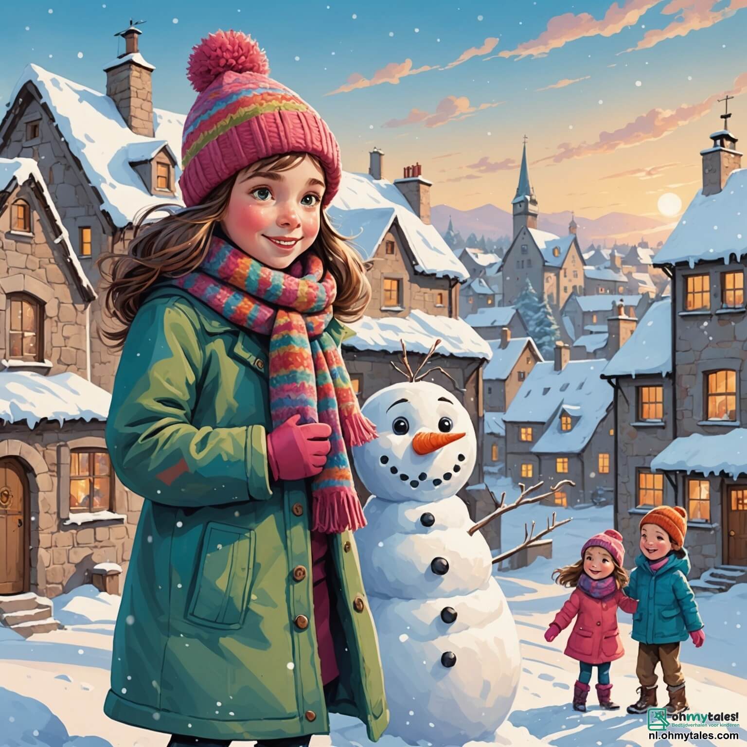 Une illustration destinée aux enfants représentant une petite fille aux joues roses et aux yeux pétillants, vêtue d'un manteau coloré et d'une écharpe tricotée, joyeusement en train de construire un bonhomme de neige dans un charmant village enneigé où les toits des maisons sont recouverts d'une épaisse couche de neige scintillante sous le doux éclairage d'un ciel grisâtre, tandis que son papa, un homme grand et chaleureux avec une barbe douce et un sourire éclatant, l'encourage à façonner le nez en carotte de leur création hivernale, entourés de sapins majestueux aux branches chargées de neige et de flocons tourbillonnants dans l'air frais et vivifiant.
