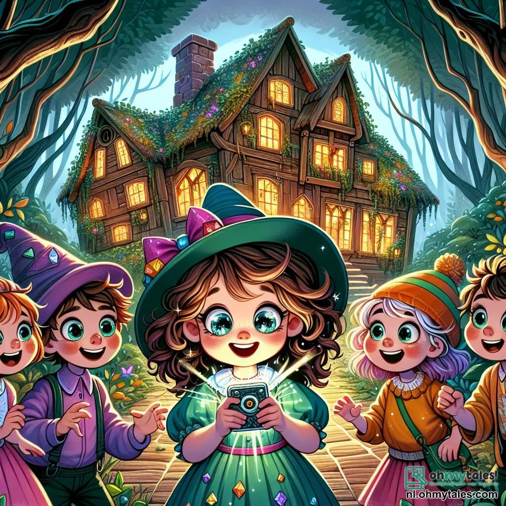 Une illustration sous forme de dessin destinée aux enfants représentant un ancien et mystérieux manoir en bois, entouré d'un luxuriant forêt colorée, où une fille de 9 ans aux cheveux bruns bouclés et aux yeux pétillants explore avec émerveillement un petit appareil brillant dans ses mains, tandis qu'un groupe de quatre enfants aux vêtements colorés, dont deux garçons aux chapeaux fantaisistes et une fille aux cheveux bleu vif, l'entourent avec des expressions d'excitation et d'encouragement, tous prêts à se lancer dans une aventure de voyage dans le temps pour récupérer des pierres magiques volées par une sorcière.