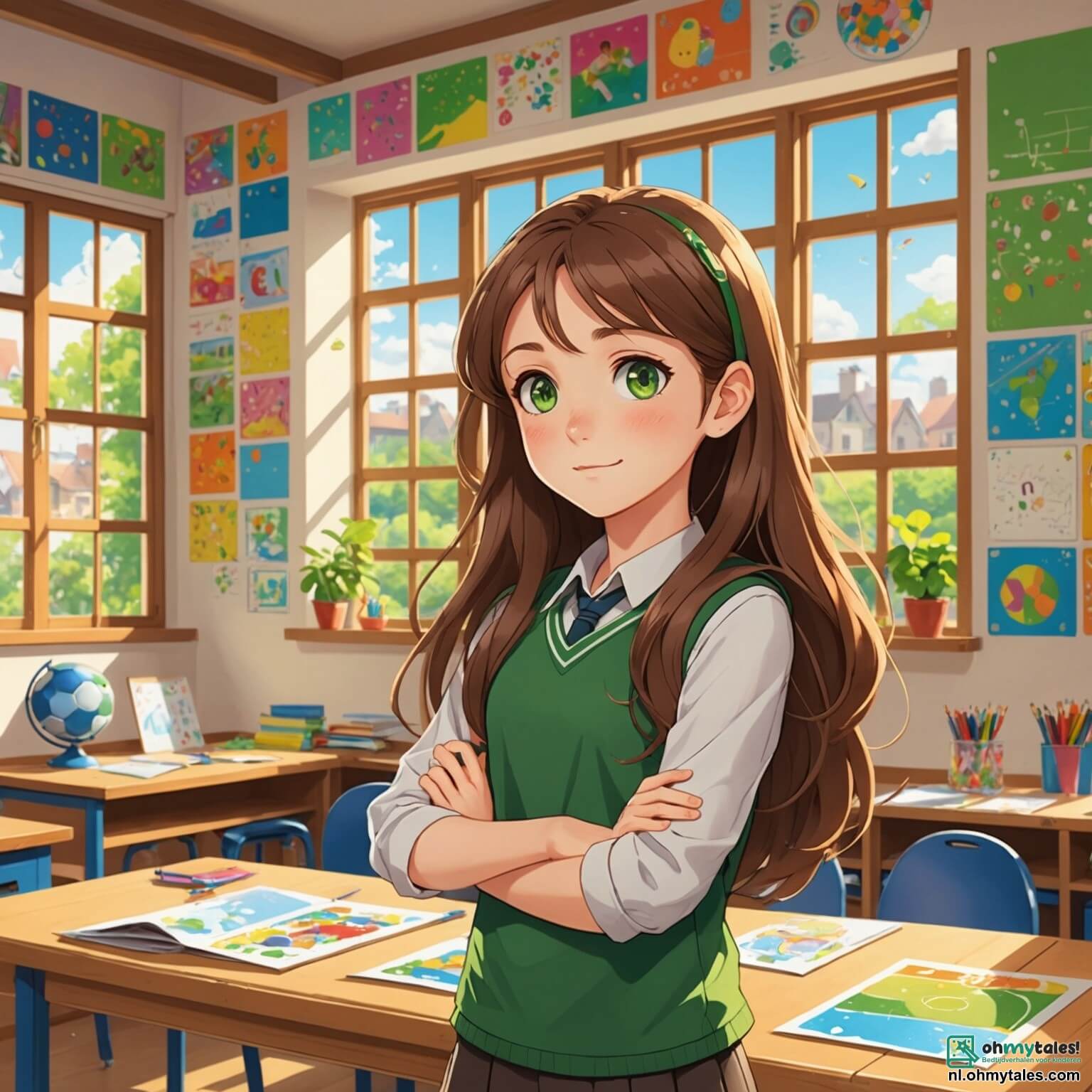 Une illustration destinée aux enfants représentant une fille pétillante aux longs cheveux châtains, avec des yeux verts brillants de curiosité, se tenant au milieu d'une salle de classe colorée, ornée de dessins d'élèves accrochés aux murs, de bureaux en bois bien rangés et d'une grande fenêtre laissant entrer la lumière dorée du soleil, alors qu'elle s'apprête à partager son projet sur la nature avec ses camarades, dont un garçon passionné de football, un autre garçon rêveur aux lunettes rondes, et une fille artiste aux cheveux bouclés, tous assis sur des chaises en plastique colorées, impatients d'écouter et d'apprendre dans ce lieu vibrant d'énergie et de créativité.