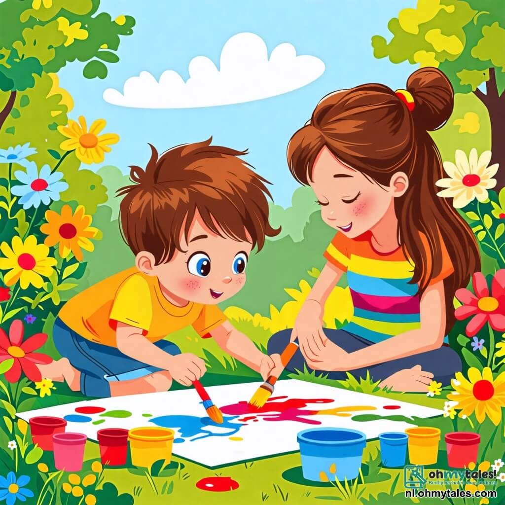 Illustratie van een zonnige scène in een kleurrijke tuin, vol met schitterende bloemen in levendige tinten van rood, geel en blauw. In het midden zit een peuter van 1 jaar met rommelig bruin haar en sprankelende ogen van nieuwsgierigheid op de grond, omringd door verfpotten. Hij houdt een penseel in zijn kleine hand en is druk bezig met schilderen op een groot stuk wit papier, met een blije glimlach op zijn gezicht. Naast hem zit een vrouw van ongeveer dertig jaar met lang kastanjebruin haar in een knot en een kleurrijk t-shirt, die hem met genegenheid aanmoedigt. Ze zit op een tuinstoel met haar handen op haar knieën en bewondert het meesterwerk in wording. Op de achtergrond staat een man van veertig met een lichte baard en een bril, met gekruiste armen, trots glimlachend naar de peuter. De zon schijnt erboven en werpt zachte schaduwen op de grond, terwijl vogels in de bomen zingen, wat een vrolijke sfeer aan deze zomerse scène toevoegt.