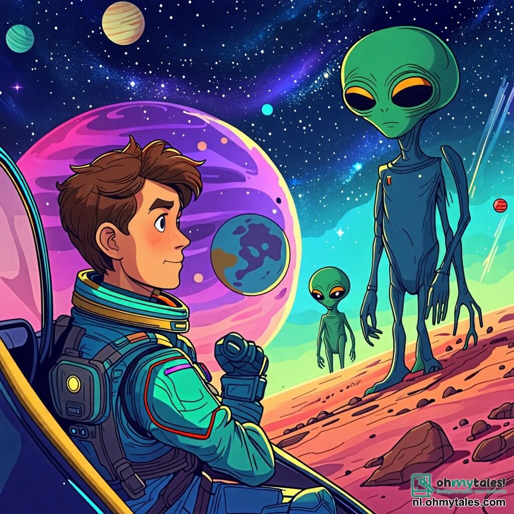 Une illustration sous forme de dessin destinée aux enfants représentant un vaste espace étoilé avec des planètes colorées en arrière-plan, au premier plan un homme courageux aux cheveux bruns et aux yeux pétillants, vêtu d'une combinaison spatiale brillante, pilotant son vaisseau spatial avec détermination, tandis qu'une silhouette d'aliens verts et grands, aux yeux globuleux et aux formes étranges, s'approche de lui, créant une atmosphère d'aventure et de tension alors qu'il prépare son vaisseau pour les affronter et protéger la Terre.