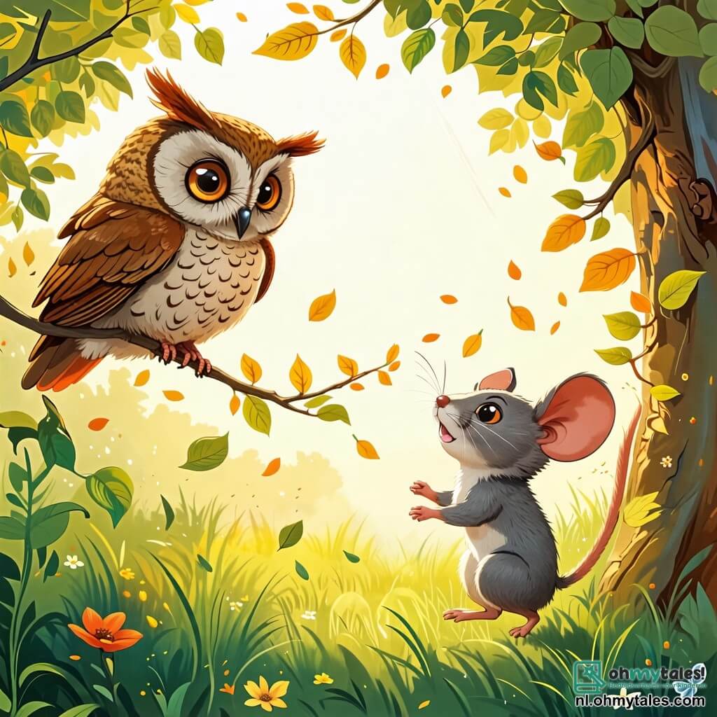 Une illustration sous forme de dessin destinée aux enfants représentant une charmante clairière ensoleillée, où une petite souris grise aux grands yeux brillants, avec une expression d'excitation sur son visage, se tient debout sur ses pattes arrière, regardant avec émerveillement un vieux hibou sage aux plumes brunes, perché sur une branche, tandis qu'un doux vent fait danser les feuilles autour d'eux, capturant le moment où la souris exprime son désir d'aventure et de découverte dans le vaste monde qui l'entoure.