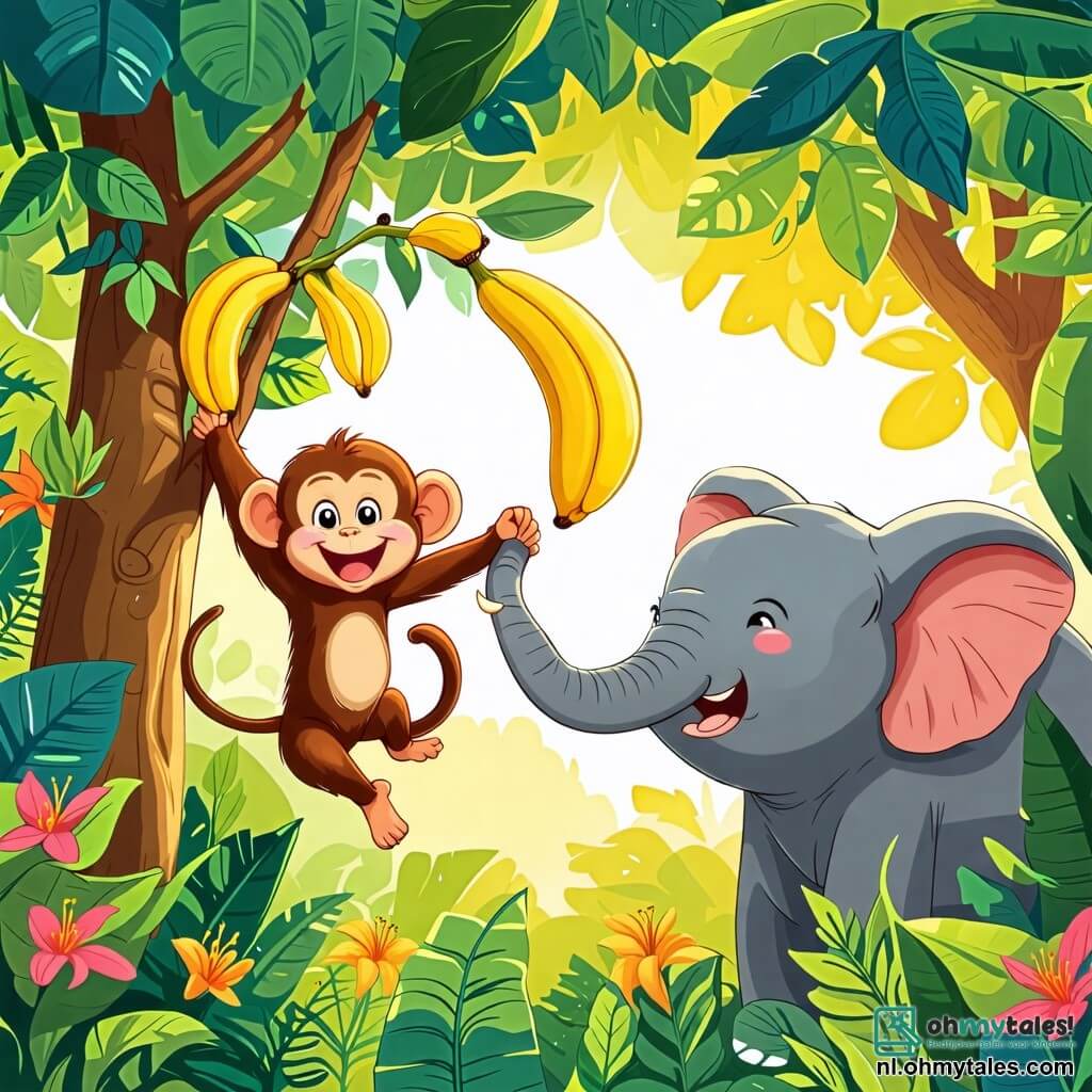 Une illustration sous forme de dessin destinée aux enfants représentant une scène joyeuse dans une forêt colorée, où un petit singe aux poils bruns et aux grands yeux pétillants grimpe à un arbre en essayant de cueillir des bananes, tandis qu'un grand éléphant gris avec de grandes oreilles et un sourire amical se tient en bas, riant de la situation comique où une banane tombe sur sa tête, entourés de feuilles vertes et de fleurs éclatantes, créant une atmosphère ludique et pleine de vie.