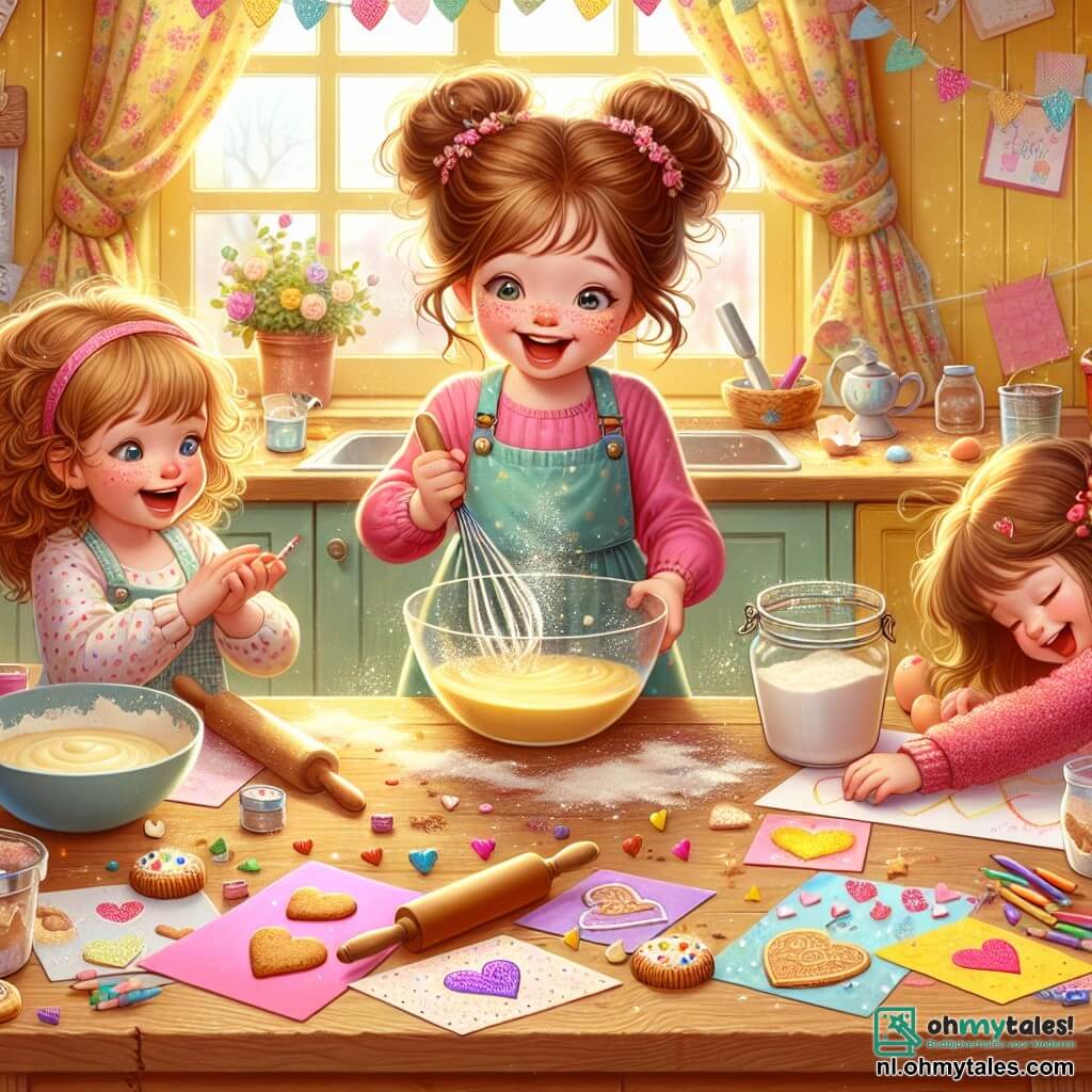 Illustratie van een kleurrijke en warme keuken, met muren geschilderd in pastelgeel en gordijnen met bloemmotieven. Op de houten tafel liggen verspreid ingrediënten: bloem, eieren en een grote glazen kom. Drie meisjes van ongeveer 8 jaar staan in het midden van de afbeelding. Het eerste meisje, met bruin krullend haar, draagt een roze schort en glimlacht vrolijk terwijl ze het deeg in de kom mengt. Het tweede meisje, met gevlochten blond haar, heeft bloemvlekken op haar gezicht en lacht terwijl ze een deegroller vasthoudt. Het derde meisje, met kastanjebruin steil haar, is bezig met het versieren van gekleurde kaarten met stiften en glitter, met een geconcentreerde uitdrukking. De scène vangt de opwinding en vreugde van de vriendinnen die een verrassing voorbereiden voor Vaderdag, omringd door hartvormige koekjes en papieren bloemen. Gelach en een feestelijke sfeer stralen uit deze illustratie, met details zoals kleine hartjes en fonkelende sterren rondom de personages om de magie van dit speciale moment te benadrukken.