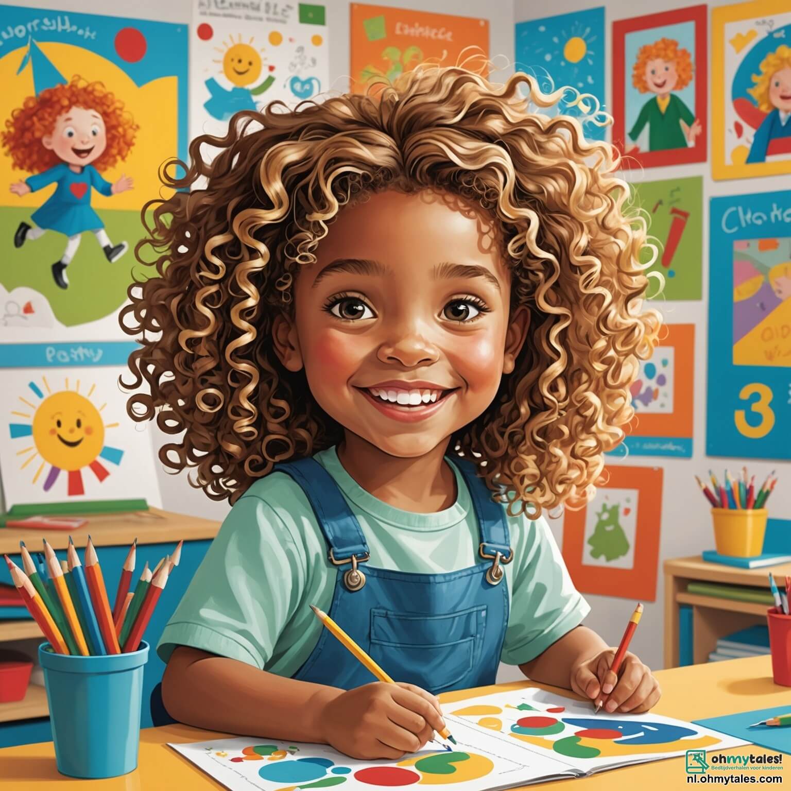 Une illustration destinée aux enfants représentant une petite fille aux cheveux bouclés et pétillants, pleine de curiosité et de joie, qui, dans une salle de classe lumineuse aux murs ornés de dessins colorés et de posters éducatifs, se lance avec enthousiasme dans un projet artistique avec ses camarades, dont sa meilleure amie au sourire éclatant et un garçon aux cheveux blonds espiègles, alors qu'ils s'apprêtent à créer une grande fresque en utilisant leurs pieds et leurs mains, tout en riant et en laissant des traces de peinture multicolore sur le sol en bois clair et les tables en désordre, remplissant l'air d'une ambiance joyeuse et créative.