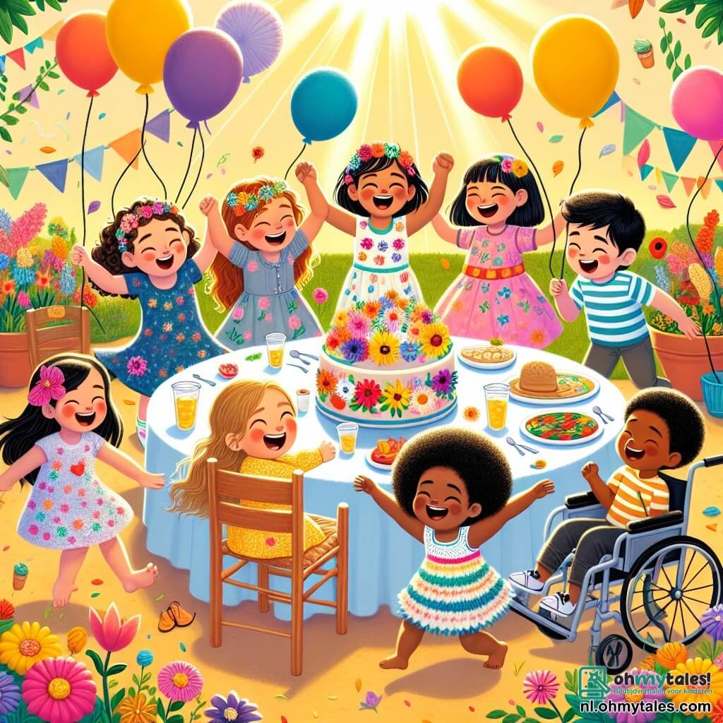 Illustratie van een kleurrijke en zonnige tuin, vol met schitterende bloemen in alle kleuren, met ballonnen die in de lucht zweven. In het midden een groep blije kinderen: een vijfjarig meisje met krullend haar en een lichte huid danst lachend in een bloemenjurk. Naast haar springt een vijfjarig jongetje met bruin haar en een licht gebruinde huid van blijdschap met zijn armen omhoog. Een ander meisje, van Aziatische afkomst, met steil zwart haar, glimlacht terwijl ze de hand van haar vriend vasthoudt. Ten slotte zit een vijfjarig jongetje met kroeshaar en een donkere huid in een rolstoel, lachend en klappend. Alle kinderen zijn samengekomen in een grote danscirkel, vieren vriendschap en diversiteit, omringd door kleurrijke gerechten uit verschillende culturen op een nabijgelegen tafel, met stralende glimlachen en een sfeer van vreugde en kameraadschap. Zonnestralen verlichten de scène en creëren een warme en feestelijke ambiance.