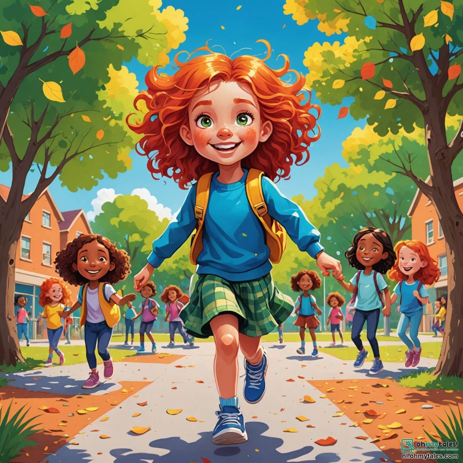 Une illustration destinée aux enfants représentant une fille aux yeux pétillants et à la chevelure flamboyante, se tenant au milieu d'une cour d'école vibrante de couleurs, où des enfants de toutes origines, aux rires éclatants et aux vêtements chatoyants, jouent ensemble sous un ciel bleu azur parsemé de nuages cotonneux, tandis qu'une douce brise fait danser les feuilles des arbres verdoyants entourant le terrain de jeux, et où la fille, pleine de curiosité et de créativité, se lie d'amitié avec une autre fille à la peau dorée et aux cheveux bouclés, qui partage avec elle des histoires de leur culture, dans un environnement chaleureux et accueillant, où la diversité est célébrée comme un trésor précieux.