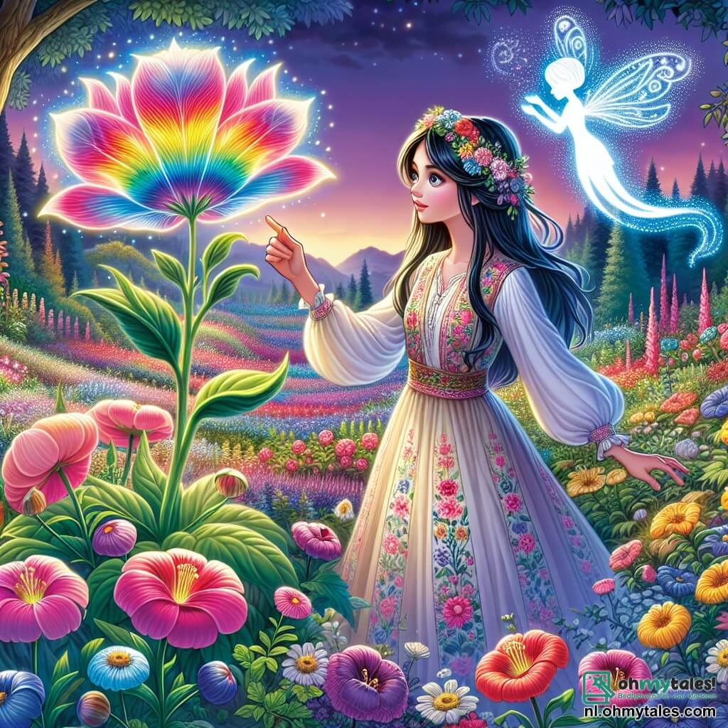 Une illustration sous forme de dessin destinée aux enfants représentant une vaste et magique jardin illuminé par des fleurs aux couleurs vives, où une jeune femme aux longs cheveux noirs et aux yeux brillants, vêtue d'une robe légère ornée de motifs floraux, se penche avec émerveillement vers une magnifique fleur arc-en-ciel qui brille d'une lueur douce, tandis qu'un esprit lumineux, ressemblant à une silhouette éthérée avec des ailes scintillantes, flotte à ses côtés, lui offrant des conseils pour surmonter les défis que lui posent les dieux de la nature.