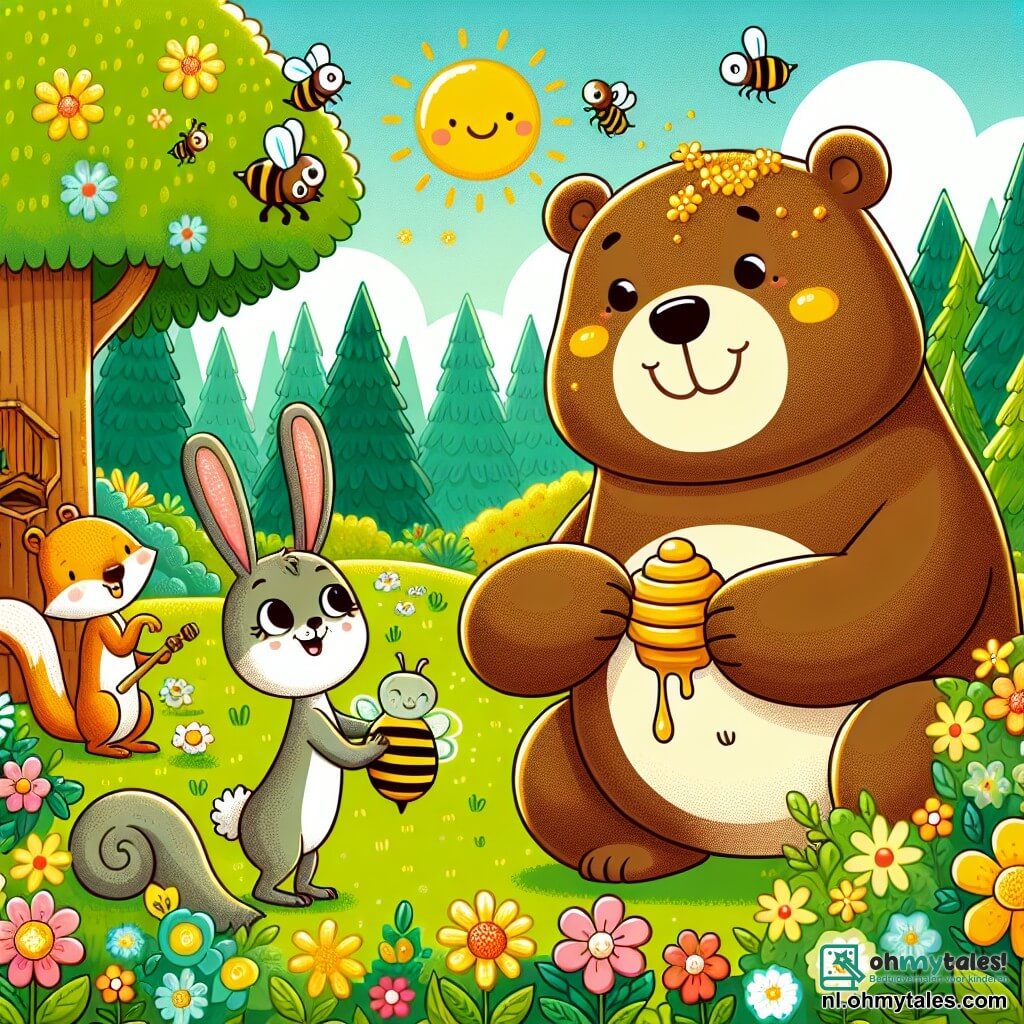 Une illustration sous forme de dessin destinée aux enfants représentant une scène ensoleillée dans une forêt verdoyante, où un grand ours au pelage brun et à la douce expression joyeuse, couvert de pollen, essaie de récolter du miel d'une ruche, tandis qu'une petite écureuil aux yeux pétillants et un drôle de lapin aux grandes oreilles rient en le regardant, entourés de fleurs colorées et d'abeilles bourdonnantes, capturant l'esprit d'aventure et d'amitié de cette histoire amusante.