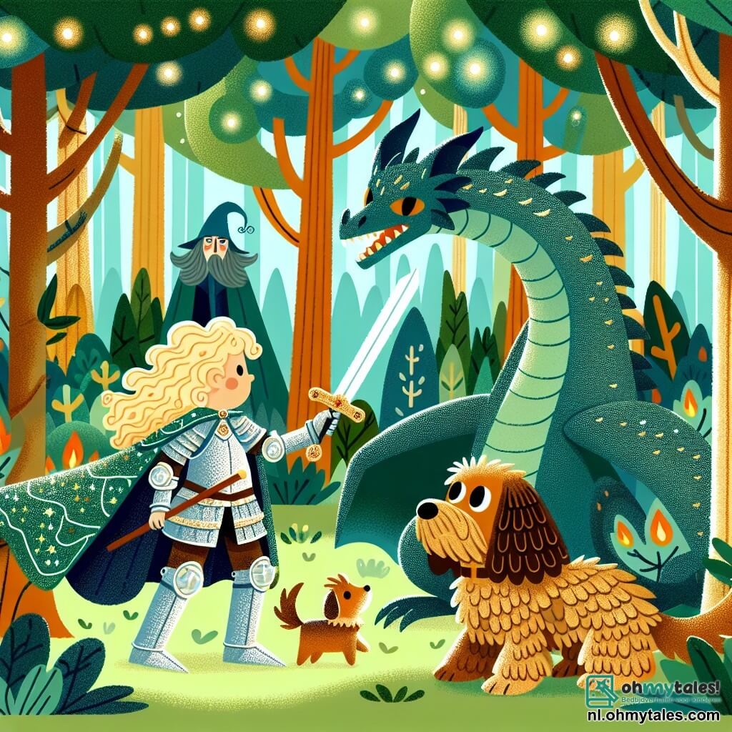 Une illustration sous forme de dessin destinée aux enfants représentant une forêt enchantée avec de grands arbres aux feuilles vertes brillantes, où une courageuse chevaleresse aux longs cheveux blonds, vêtue d'une armure étincelante et brandissant un épée, se tient fièrement face à un grand dragon aux écailles scintillantes, tandis qu'un petit chien aux yeux pétillants et à la fourrure brune, son fidèle compagnon, court autour d'eux, tous deux prêts à affronter un sorcier maléfique qui se cache dans l'ombre, créant une atmosphère d'aventure et de camaraderie.