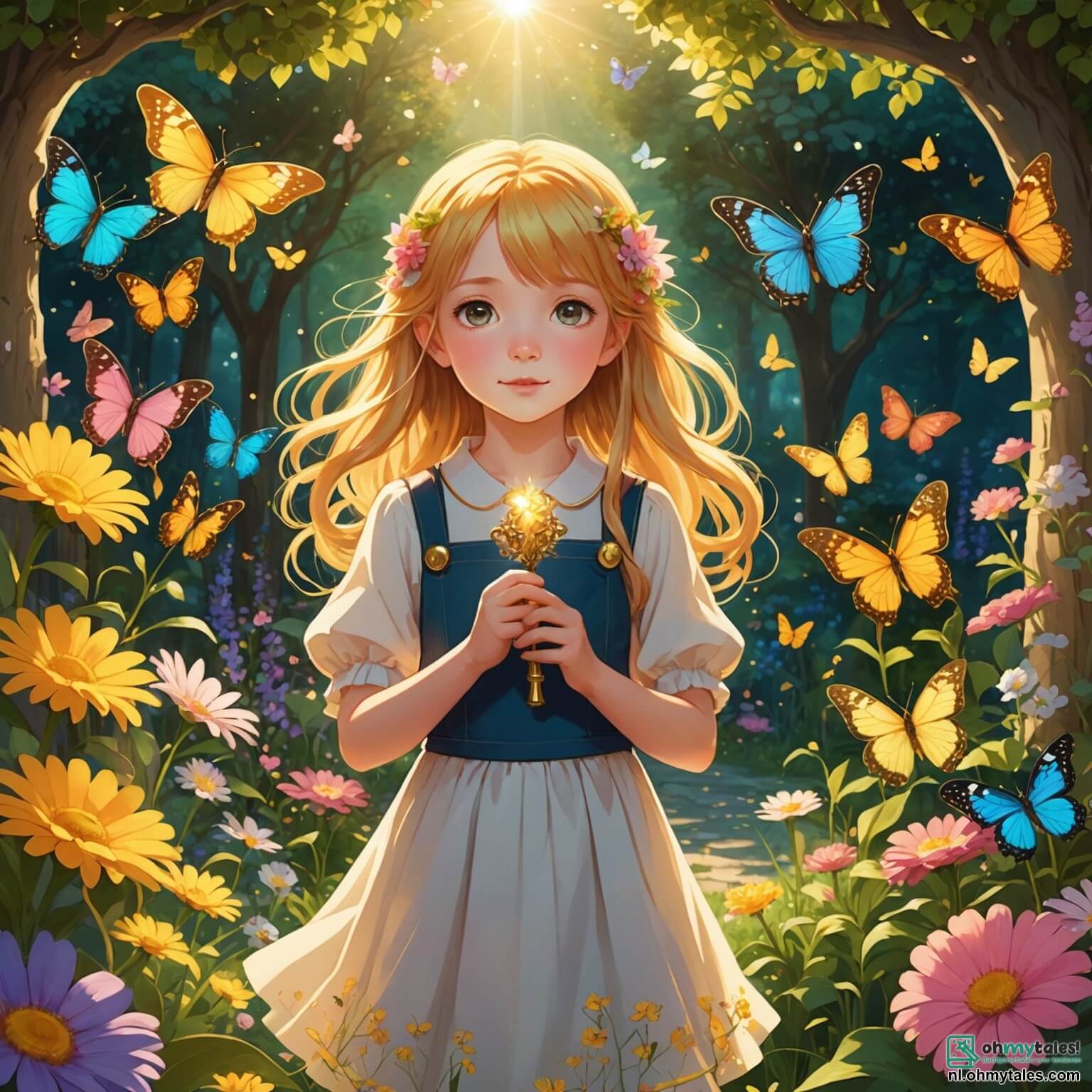 Une illustration destinée aux enfants représentant une petite fille aux cheveux dorés, illuminée par le doux éclat du soleil, qui se tient debout dans un jardin enchanteur rempli de fleurs multicolores et de papillons virevoltants, tandis qu'elle tient dans sa main une clé dorée scintillante, symbolisant son désir de découvrir les mystères cachés de la vie, entourée de son ami, un garçon espiègle aux yeux pétillants, qui l'encourage à explorer les profondeurs d'une forêt mystérieuse, où les arbres majestueux aux troncs noueux et aux feuillages denses semblent murmurer des secrets anciens, et où un sage hibou, perché sur une branche, les observe avec bienveillance, prêt à partager sa sagesse sur la vérité et la nature des rêves.