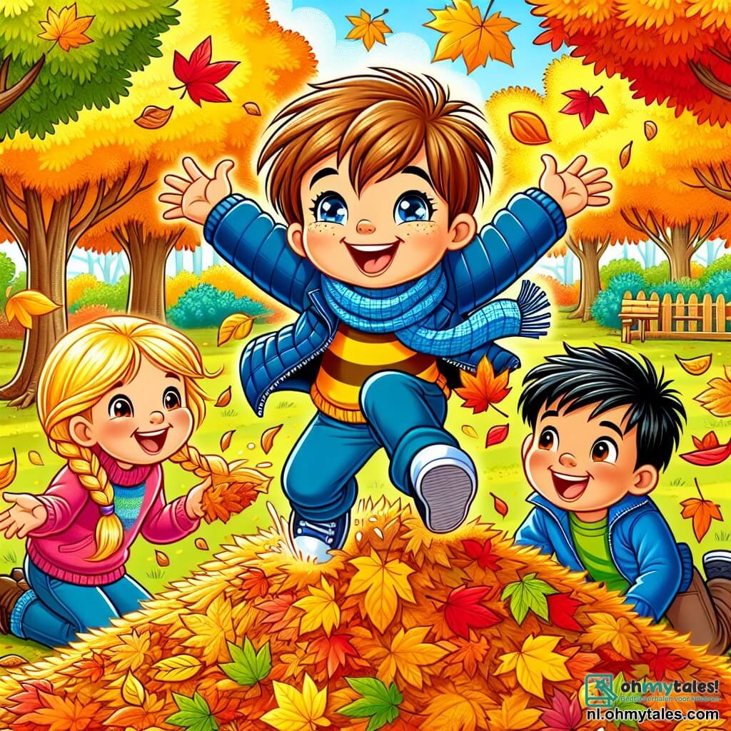 Une illustration sous forme de dessin destinée aux enfants représentant un parc automnal vibrant de couleurs avec des feuilles jaunes, oranges et rouges tombant des arbres, où un garçon de 7 ans aux cheveux bruns et aux yeux pétillants, vêtu d'une veste bleue et d'une écharpe, saute joyeusement dans une grande pile de feuilles, tandis que deux de ses amis, une fille aux cheveux blonds en tresse portant un pull rose et un garçon aux cheveux noirs en t-shirt vert, l'observent en riant et en lançant des feuilles en l'air, capturant l'esprit d'amitié et de joie d'une journée d'automne.
