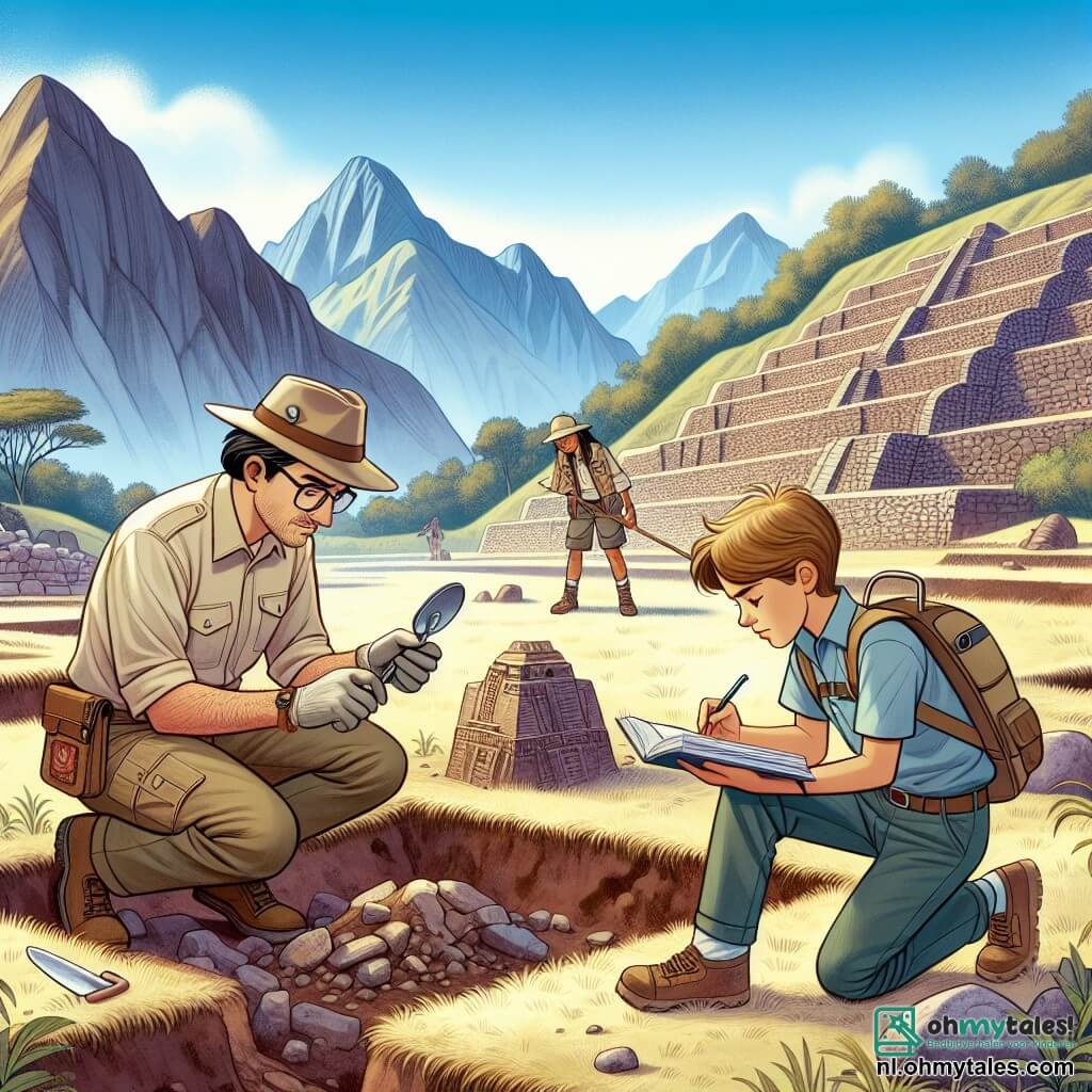 Une illustration sous forme de dessin destinée aux enfants représentant une vaste opgravingssite au pied des majestueuses montagnes des Andes, avec un homme aux cheveux bruns et aux lunettes, vêtu d'une chemise kaki et d'un chapeau de paille, en train de fouiller le sol avec une petite truelle, tandis qu'une femme aux cheveux longs et noirs, portant un gilet d'exploration, examine attentivement une ancienne poterie, et un jeune homme aux cheveux blonds, habillé d'un t-shirt et d'un short, prend des notes dans un carnet, tous trois captivés par la découverte d'une mystérieuse inscription sur un artefact ancien, entourés de ruines inca et de verdure luxuriante.