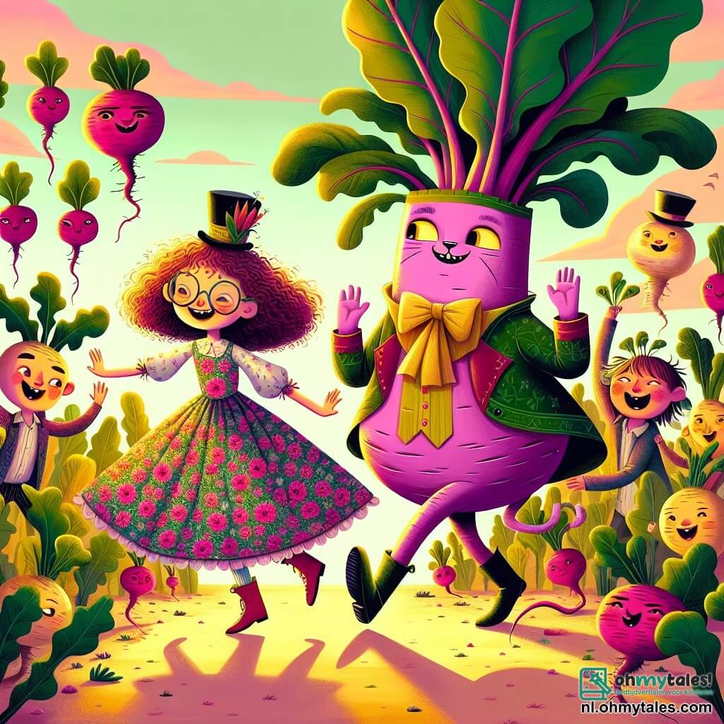 Une illustration sous forme de dessin destinée aux enfants représentant une scène colorée et loufoque dans une groentetuin enchantée, avec une fille de 11 ans aux cheveux bouclés et à lunettes rondes, vêtue d'une robe à motifs de fleurs, qui danse joyeusement avec un grand chat violet portant un chapeau haut de forme, tandis qu'un roi biet énorme, couronné de feuilles vertes, les observe avec un sourire amusé, entouré de légumes dansants, le tout baigné dans une lumière dorée de fin d'après-midi, illustrant leur aventure absurde et joyeuse.