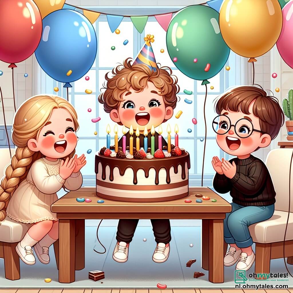 Une illustration sous forme de dessin destinée aux enfants représentant une joyeuse salle de séjour décorée de ballons colorés et d'une grande table avec une magnifique gâteau au chocolat, où un garçon de 3 ans aux cheveux bouclés et aux yeux pétillants, souriant avec enthousiasme, souffle sur douze bougies, tandis que deux amis, une fille aux cheveux blonds tressés et un garçon aux lunettes rondes, l'encouragent en riant, entourés de morceaux de gâteau qui volent dans les airs, créant une atmosphère ludique et absurde.