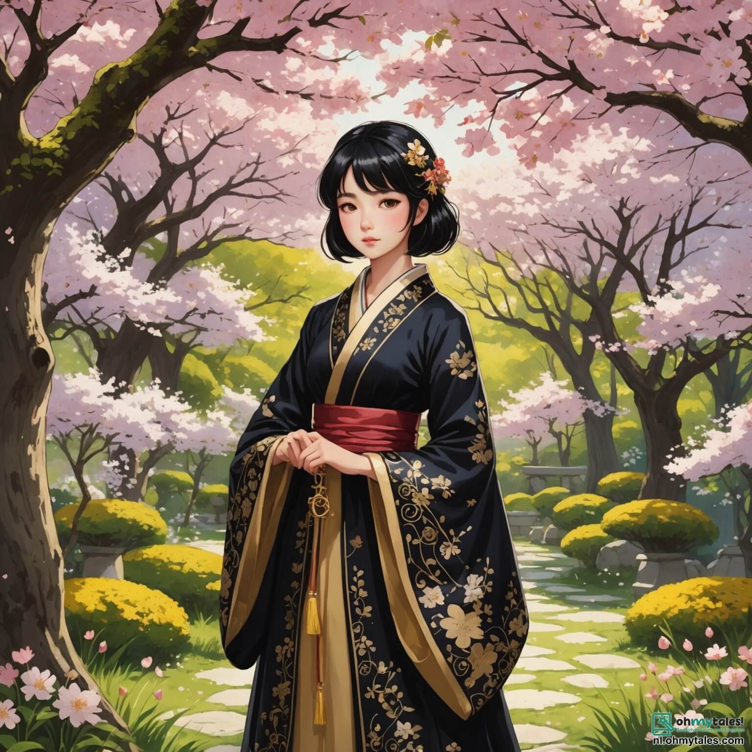 Une illustration destinée aux enfants représentant une femme à la chevelure noire comme l'encre, vêtue d'une robe traditionnelle ornée de motifs floraux délicats, se tenant au milieu d'une jardin secret aux fleurs éclatantes, où des cerisiers en fleurs dansent doucement sous la brise printanière, tandis qu'elle découvre une clé dorée scintillante enfouie dans la terre, entourée de trois âmes perdues : un jeune homme mélancolique aux yeux brillants de rêves inachevés, un vieil homme sage à la barbe blanche comme la neige, et un guerrier au regard fier, tous trois cherchant à retrouver leur place dans un monde vibrant de couleurs et de magie, dans un petit village japonais niché entre des montagnes majestueuses et des forêts denses, où les murmures des ancêtres résonnent à travers le temps.