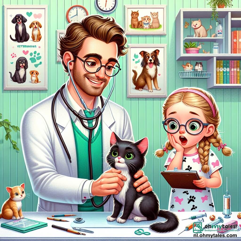 Illustratie van een levendige scène in een dierenartsconsultatie. De muren zijn pastelgroen geschilderd, versierd met kleurrijke posters van dieren en educatieve illustraties. In het midden staat een grote lichte houten bureau vol medische materialen, met knuffeldieren die eromheen liggen. Een man van ongeveer dertig jaar, met licht krullend bruin haar en een goed verzorgde baard, draagt een witte jas. Hij heeft een warme glimlach en ronde bril die hem een vriendelijke uitstraling geven. Hij leunt over een onderzoekstafel en houdt voorzichtig een kleine zwarte kat in zijn handen, terwijl hij zachtjes tegen het dier praat om het gerust te stellen. Naast hem kijkt een meisje van ongeveer acht jaar, met gevlochten blond haar en een bril, met verwonderde ogen toe. Ze draagt een t-shirt met hondenmotieven en houdt een schetsboek vast waarin ze de kat tekent. De belangrijkste situatie toont de dierenarts die de kat kalmeert, terwijl het meisje gefascineerd dit moment vastlegt in haar schetsboek. Dierenspeelgoed en veterinaire accessoires, zoals een stethoscoop en spuiten, zijn zichtbaar op de tafel, wat een speelse toets aan de illustratie toevoegt.