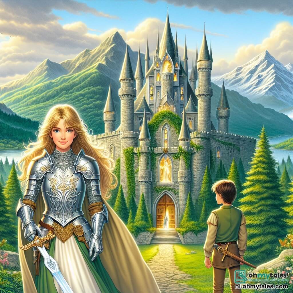 Une illustration sous forme de dessin destinée aux enfants représentant un majestueux château en pierre, entouré de forêts verdoyantes et de montagnes lointaines, avec une courageuse chevaleresse aux cheveux longs et dorés, portant une armure étincelante et brandissant un épée magique, se tenant fièrement devant la porte du château, tandis qu'un jeune garçon, son fidèle écuyer, aux cheveux bruns et aux yeux pétillants, l'observe avec admiration, alors qu'ils se préparent à partir à l'aventure pour affronter une sombre menace qui plane sur leur royaume.