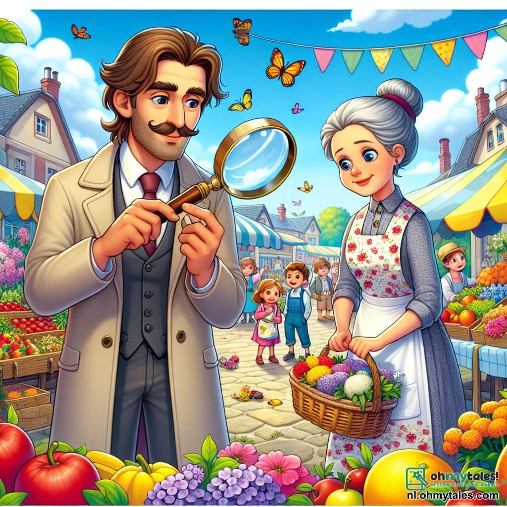 Illustratie van een levendige scène op een kleurrijke markt, met stralende bloemenkraampjes en sappig fruit, onder een helderblauwe lucht met witte wolken. In het midden staat een slanke man met een grote loep in de ene hand en een notitieboek in de andere, met rommelig bruin haar en een dunne snor, die aandachtig de grond onderzoekt, met een geconcentreerde en nieuwsgierige blik. Naast hem kijkt een middelbare vrouw met grijs haar in een knot en een bloemen schort om zich heen met een bezorgde uitdrukking, terwijl ze een mand vol bloemen vasthoudt. De hoofdscène toont de man die een onderzoek doet naar de verdwijning van de sleutels van de vrouw, terwijl blije kinderen op de achtergrond spelen, wat een levendige sfeer aan deze mysterieuze scène toevoegt. Details zoals zingende vogels en kleurrijke vlinders die door de lucht fladderen, completeren de vrolijke atmosfeer van de markt.