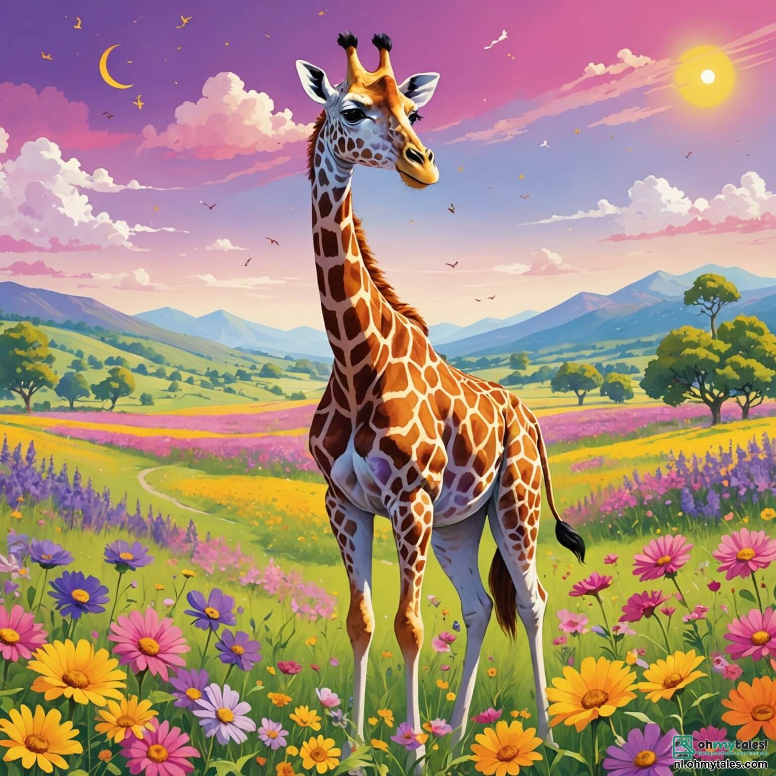 Une illustration destinée aux enfants représentant une girafe au long cou, au pelage doré parsemé de taches brunes, qui se tient joyeusement au centre d'une vaste prairie colorée, entourée de fleurs éclatantes dans des teintes de rose, jaune et violet, tandis qu'elle se prépare à chanter et à danser pour une joyeuse compétition musicale, sous le regard amusé de ses amis, un éléphant aux grandes oreilles qui applaudit et un petit lapin aux yeux pétillants qui saute de joie, le tout se déroulant dans un décor enchanteur où le soleil brille haut dans un ciel bleu azur, illuminant la scène d'une lumière chaleureuse et joyeuse.