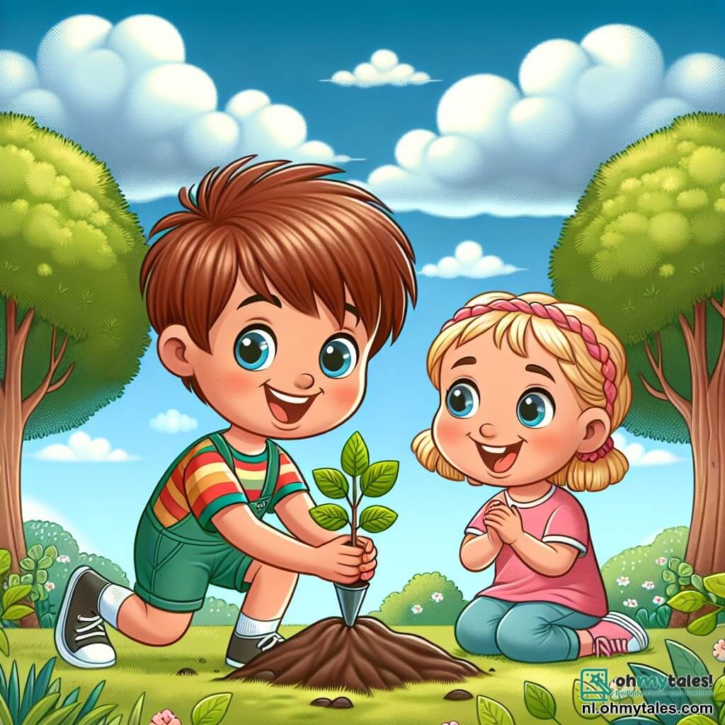 Une illustration sous forme de dessin destinée aux enfants représentant un parc verdoyant avec des arbres majestueux et un ciel bleu parsemé de nuages blancs, où un garçon de 11 ans aux cheveux châtains et aux yeux pétillants, vêtu d'un t-shirt coloré et d'un short, plante une jeune pousse avec enthousiasme, tandis qu'une fille de son âge, aux cheveux blonds et tressés, l'encourage avec un sourire radieux, symbolisant leur engagement collectif pour lutter contre le changement climatique en rendant leur village plus vert et en sensibilisant leurs camarades.
