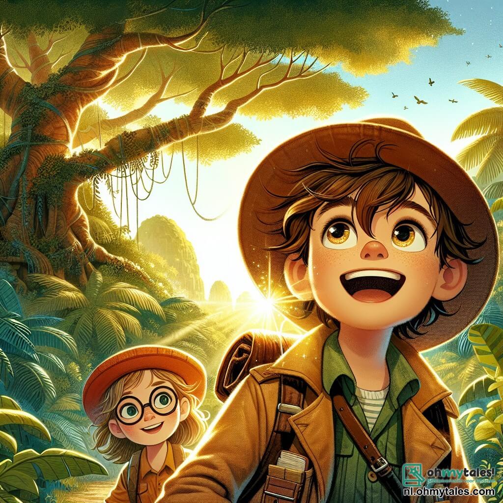 Une illustration destinée aux enfants représentant un jeune garçon intrépide aux cheveux ébouriffés et aux yeux pétillants d'excitation, vêtu d'un chapeau d'explorateur usé et d'une veste pleine de poches, se tenant devant une mystérieuse jungle luxuriante où les arbres majestueux aux troncs noueux s'élèvent vers le ciel, leurs feuilles brillantes filtrant la lumière du soleil en éclats d'or, tandis qu'il s'apprête à découvrir un ancien temple caché, accompagné de sa meilleure amie, une fille aux lunettes rondes et à l'esprit vif, qui le soutient avec courage et curiosité, tous deux prêts à affronter les défis d'un monde rempli de secrets et de trésors oubliés.
