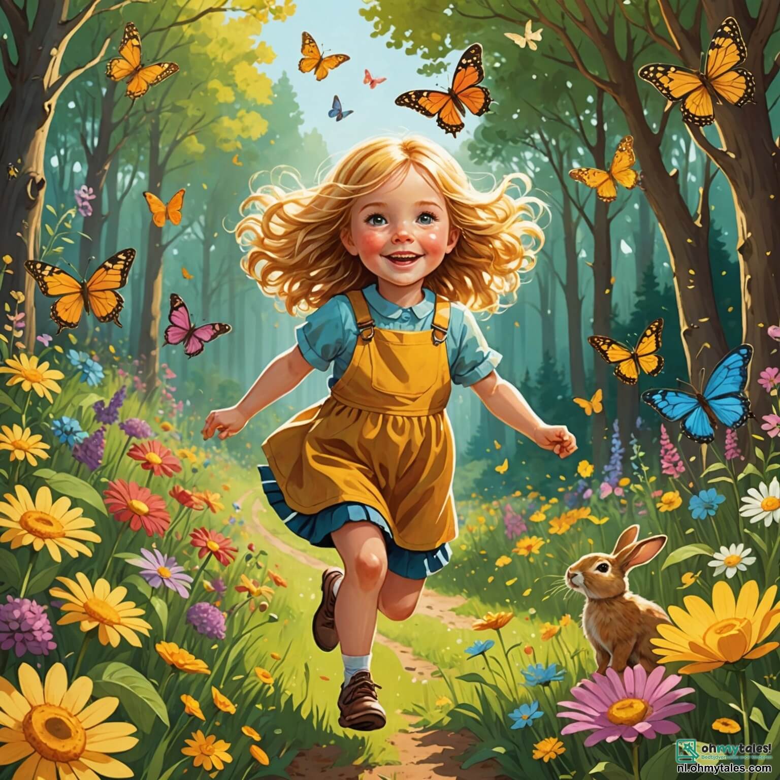 Une illustration destinée aux enfants représentant une petite fille aux yeux pétillants et aux cheveux dorés comme les rayons du soleil, courant joyeusement à travers un champ de fleurs multicolores, où des papillons dansent autour d'elle, tandis qu'elle s'émerveille devant un petit lapin brun aux grandes oreilles, dans un cadre enchanteur d'un bois verdoyant, où les arbres majestueux se dressent comme des gardiens bienveillants, et où le chant des oiseaux résonne harmonieusement, accompagné de sa maman, une femme douce et souriante, qui l'observe avec tendresse, partageant ensemble les merveilles du printemps.