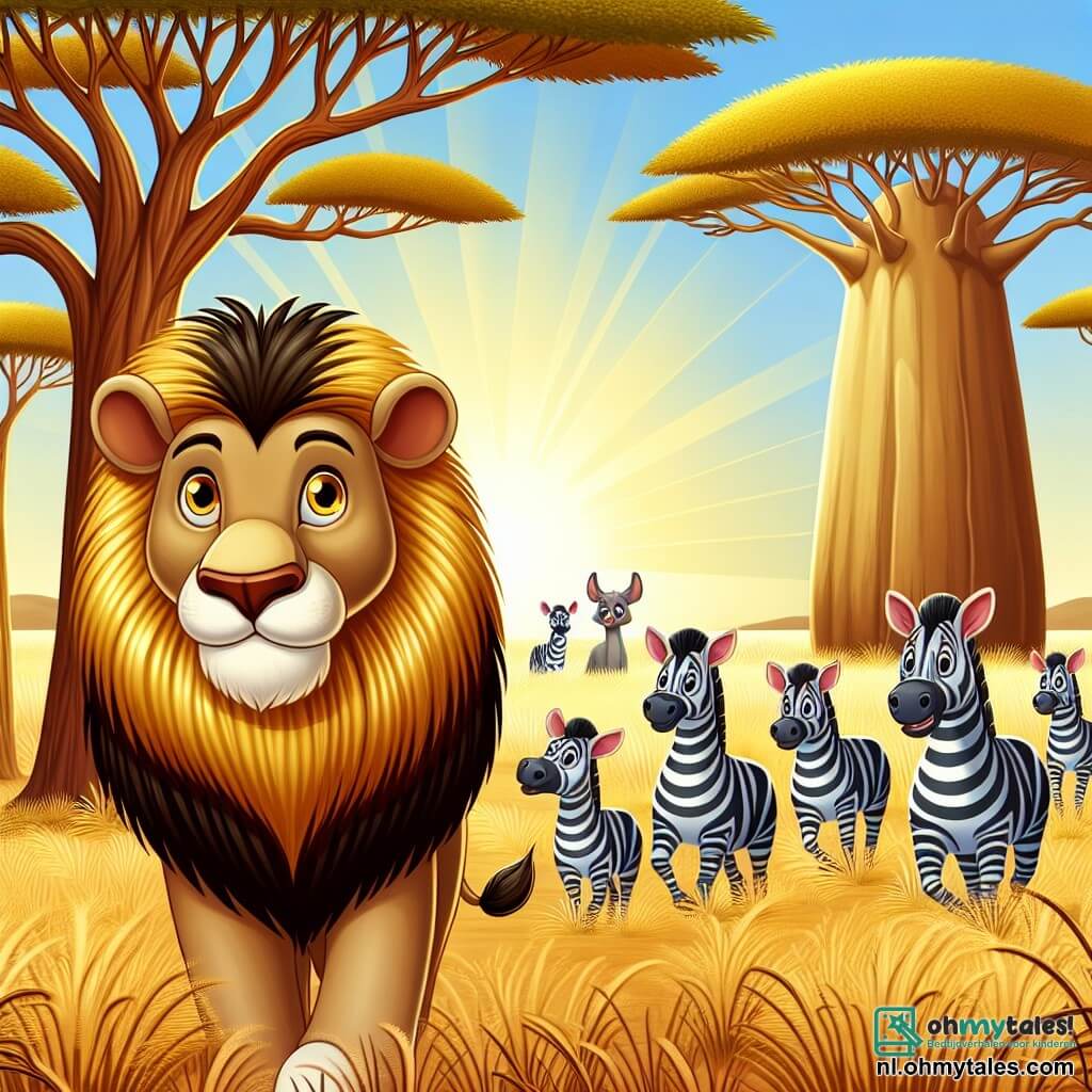 Une illustration sous forme de dessin destinée aux enfants représentant une vaste savanne ensoleillée avec des herbes dorées ondulant sous la brise, où un majestueux lion à la crinière dorée et aux yeux brillants se tient courageusement devant une grande baobab, tandis qu'un groupe de zebras aux rayures noires et blanches s'assemble derrière lui, observant avec curiosité et inquiétude, alors qu'ils se préparent à affronter une hyène sournoise qui se cache dans l'ombre, illustrant ainsi le thème de l'unité et du courage face à l'adversité.