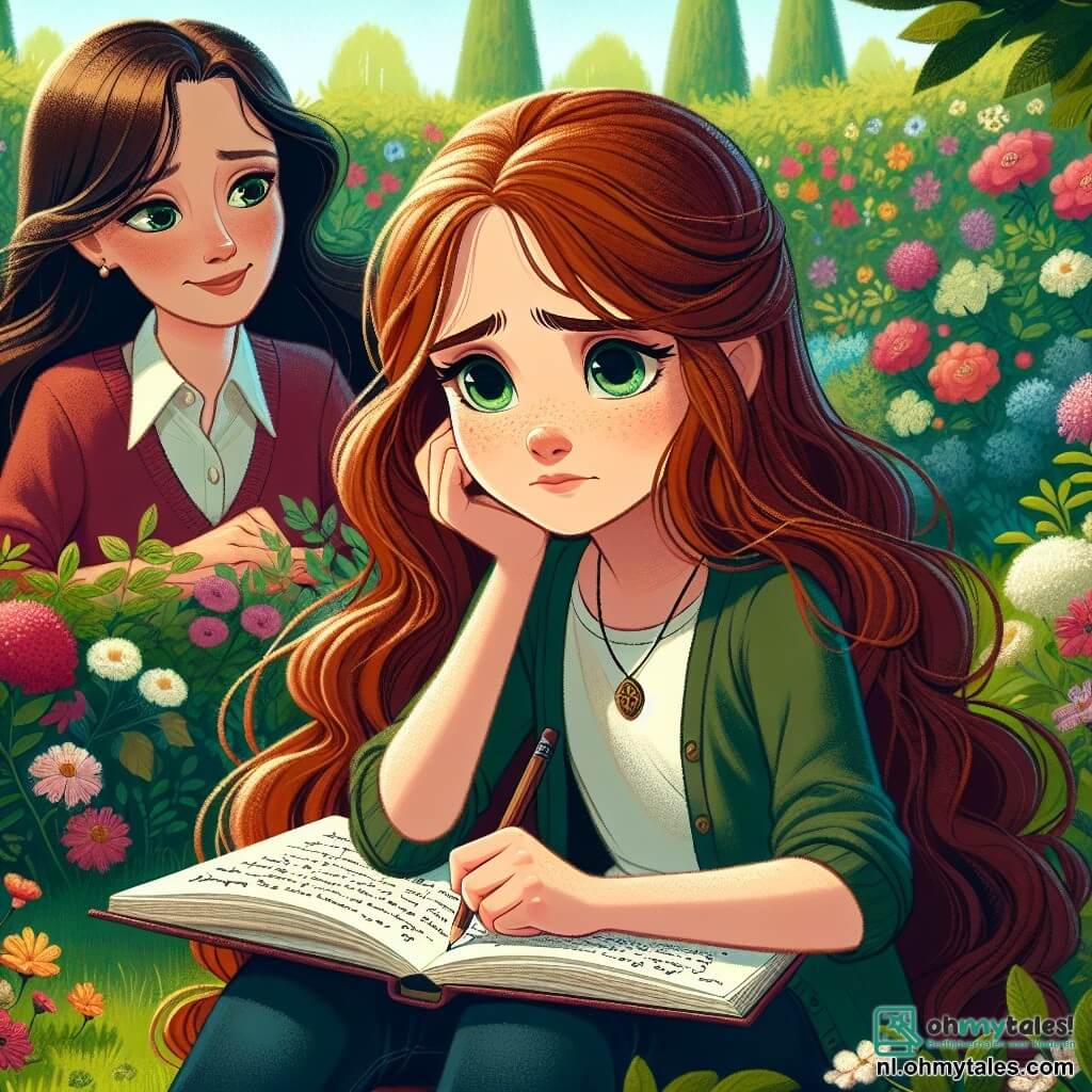 Une illustration sous forme de dessin destinée aux enfants représentant une belle et colorée jardin en pleine floraison, où une fille de 9 ans aux longs cheveux châtains et aux yeux verts est assise sur l'herbe, un carnet ouvert sur ses genoux, en train d'écrire avec une expression à la fois mélancolique et déterminée, tandis qu'à côté d'elle, une femme au visage doux et aux cheveux bruns, probablement sa mère, l'observe avec tendresse, symbolisant le soutien et l'amour dans un moment de souvenir et de partage après la perte de son grand-père.