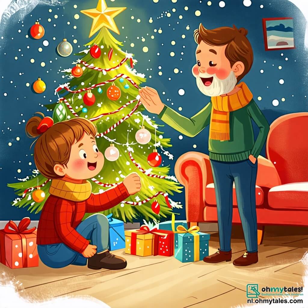 Une illustration sous forme de dessin destinée aux enfants représentant un salon chaleureux décoré pour Noël, avec un petit garçon de 2 ans aux cheveux blonds et aux yeux pétillants, assis par terre en train de regarder émerveillé un sapin de Noël scintillant, entouré de guirlandes colorées et de boules brillantes, tandis que sa maman, une femme souriante aux cheveux bruns, se tient à côté de lui en chantant une chanson de Noël, et son papa, un homme joyeux avec une barbe légère, accroche une étoile dorée au sommet du sapin, créant une atmosphère festive et pleine de magie.