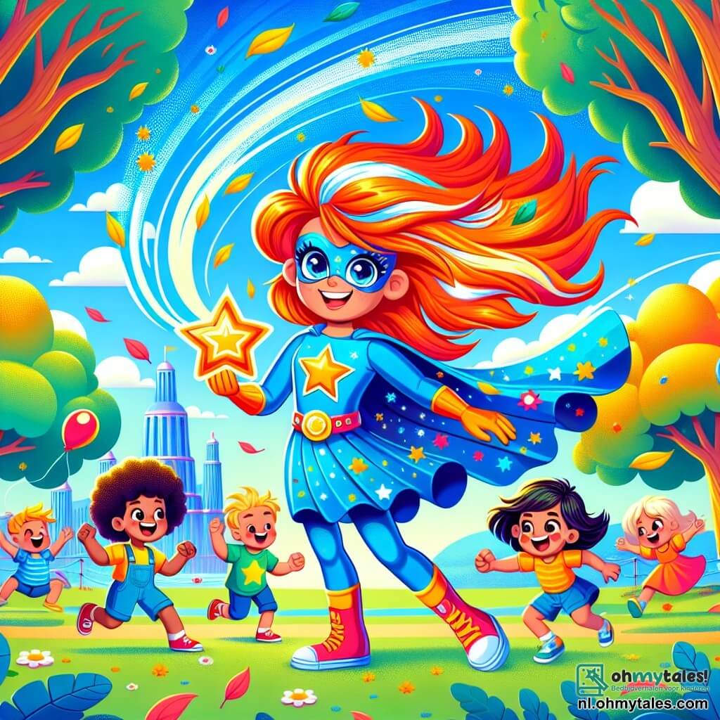 Illustratie van een levendige scène in een kleurrijk park van Glimlachstad, waar grote bomen met stralend groene bladeren dansen onder een heldere blauwe lucht. In het midden staat een superheldin, een vrouw met vurig rood haar en stralende ogen als sterren, gekleed in een felblauw kostuum met een grote gele ster op haar borst. Ze laat de wind om haar heen draaien, waardoor een zachte tornado ontstaat die bladeren en bloemblaadjes omhoog tilt. Naast haar kijkt een jongen van ongeveer 8 jaar, met bruin haar en sprankelende ogen, verwonderd. Hij draagt een kleurrijk t-shirt en shorts, terwijl hij een klein plastic autootje in zijn handen houdt en breed glimlacht. Een groep kinderen, waaronder een meisje met blond haar en een ander met zwart haar, rent om hen heen, lachend en spelend met ballonnen die in de lucht zweven. De hoofdscène toont de superheldin die haar krachten gebruikt om de kinderen te laten genieten, terwijl ze de wind laat dansen en een vrolijke, speelse sfeer creëert. Extra grafische elementen zijn kleurrijke bloemen, zingende vogels in de bomen en zonnestralen die door de bladeren filteren, wat een magische touch toevoegt aan deze scène van kameraadschap en vreugde.