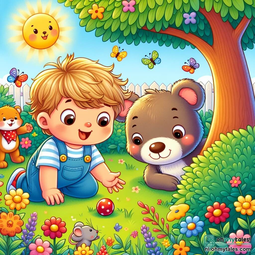 Illustratie van een zonnige tuin, vol kleurrijke bloemen en een grote loofboom. In het midden leunt een peuter van ongeveer 1 jaar, met rommelig blond haar en grote nieuwsgierige ogen, met een verwonderde glimlach. Hij draagt een blauwe overall en een gestreept t-shirt. Naast hem staat een zachte teddybeer, met een bruine vacht en een klein rood strikje om zijn nek, die hem aanmoedigt. In een hoek van de tuin wijst een klein grijs muisje, met grote oren en sprankelende ogen, naar een kleine rode bal die onder een struik verstopt is. De jongen, de beer en het muisje zijn allemaal gefocust op het zoeken naar de verdwenen bal, wat een sfeer van avontuur en vriendschap creëert. Kleurrijke vlinders fladderen om hen heen en voegen een magische toets toe aan deze vrolijke scène.