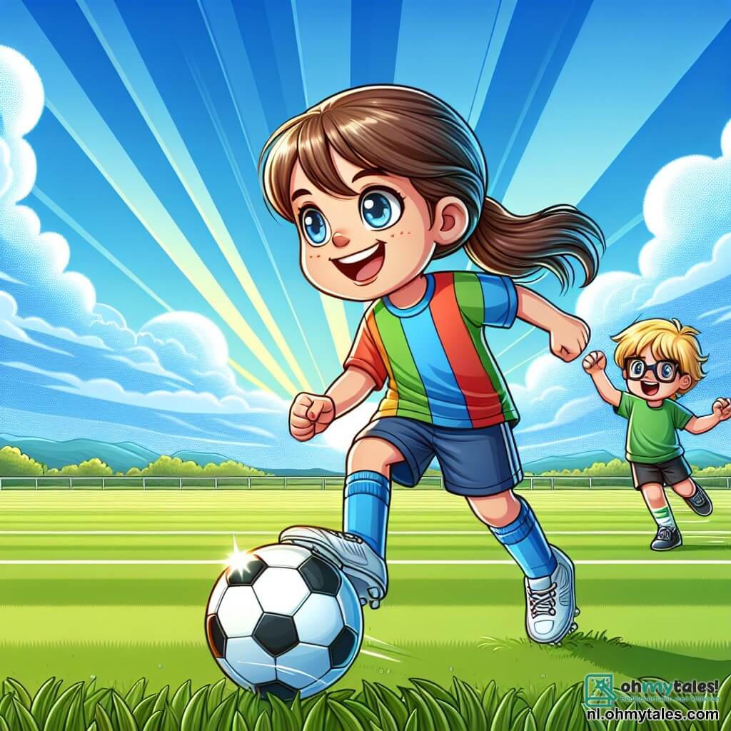 Une illustration sous forme de dessin destinée aux enfants représentant un vaste terrain de football verdoyant sous un ciel bleu éclatant, avec une jeune fille aux cheveux bruns attachés en une queue de cheval, portant un maillot coloré et des shorts, dribblant habilement un ballon de football avec un grand sourire sur son visage, tandis qu'un garçon aux cheveux blonds et aux lunettes, vêtu d'un t-shirt et d'un short, l'encourage depuis la ligne de touche en levant les bras, capturant l'énergie joyeuse et l'esprit d'équipe d'une journée d'entraînement en plein air.