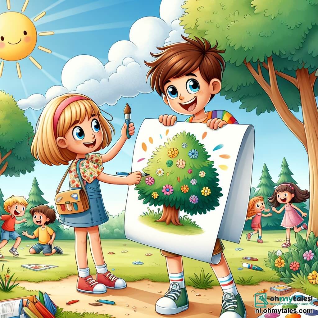 Illustratie van een levendige scène op een zonnige schoolplein, omringd door grote bomen met groene bladeren en een helderblauwe lucht met enkele witte wolken. In het midden staat een 11-jarig jongen met messy bruin haar en nieuwsgierige ogen, die een groot vel papier vasthoudt waarop hij een prachtige boom heeft getekend. Hij draagt een kleurrijk t-shirt en een short, en zijn stralende glimlach toont zijn enthousiasme voor het nieuwe schooljaar. Naast hem staat een meisje van zijn leeftijd, met kort blond haar en stralende blauwe ogen, die zijn tekening bewondert terwijl ze een palet met verf in haar handen houdt. Ze draagt een bloemenjurk en lijkt vol energie. Op de achtergrond spelen andere kinderen samen, sommigen op schommels, anderen praten vrolijk, wat een sfeer van kameraadschap en opwinding creëert. De scène vangt de geest van de schoolstart, met kleurrijke rugzakken verspreid over de grond en gelach dat in de lucht weerklinkt.